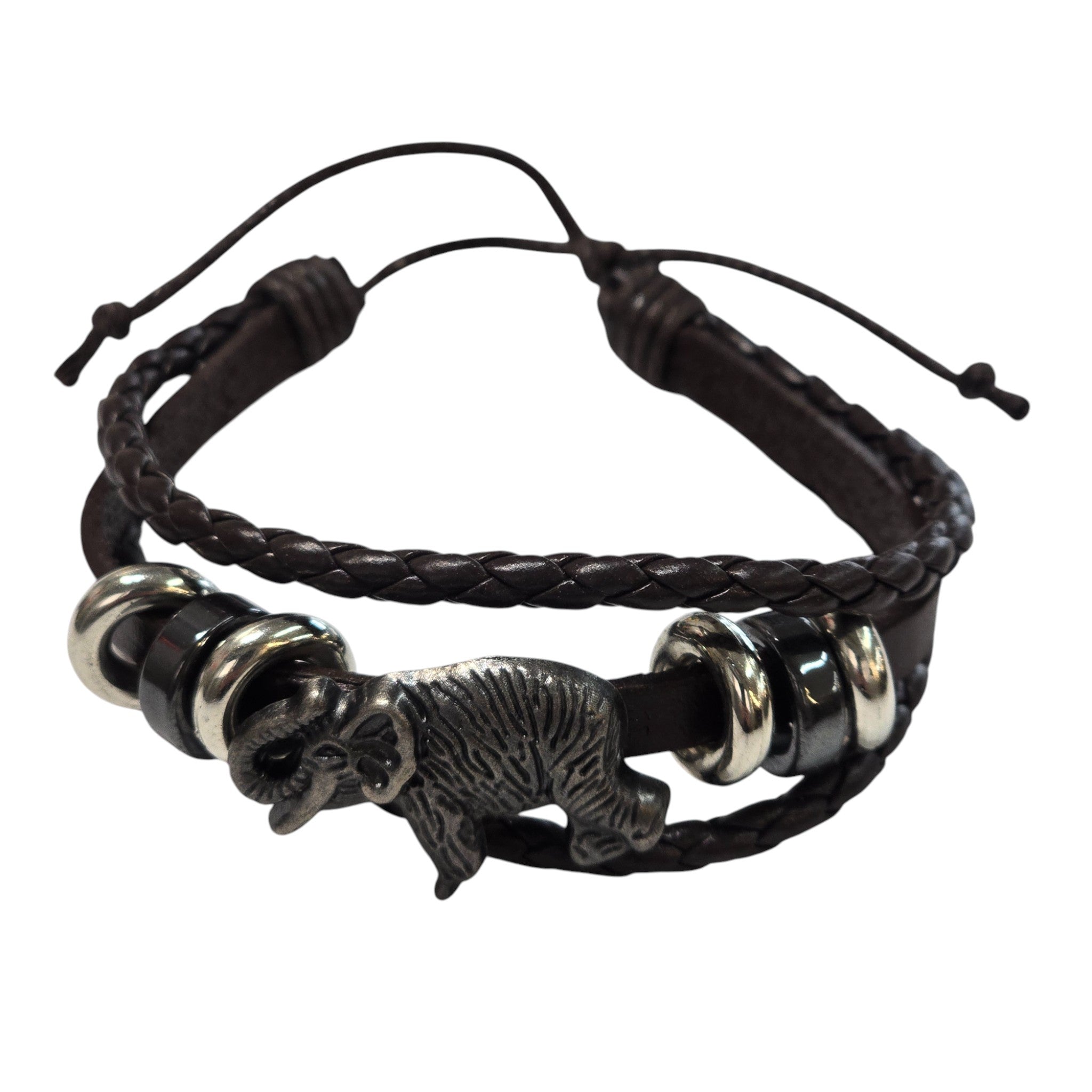 Hand-Woven Genuine Leather with Metal Rings & Elephant Accented Adjustable Bracelet
