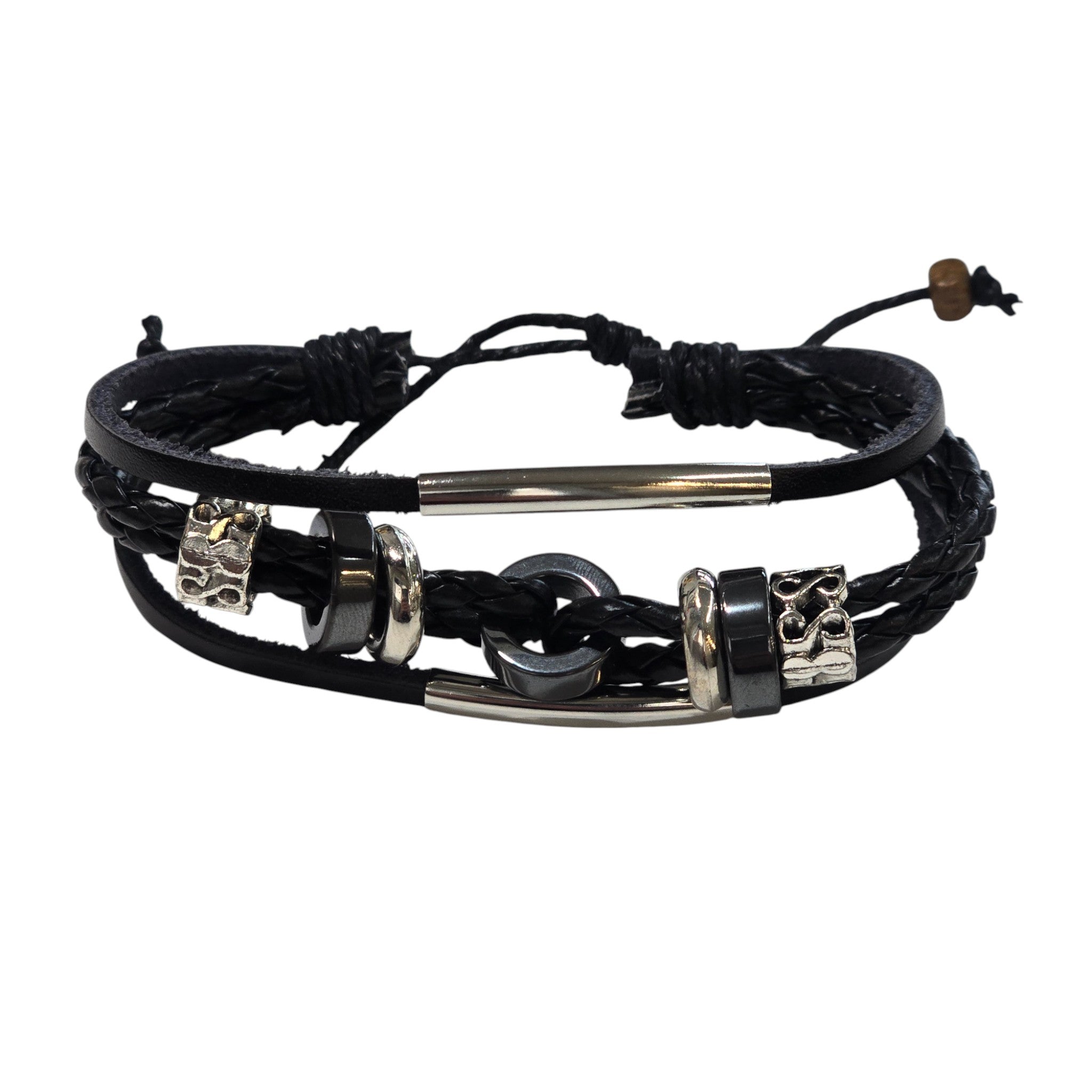 Hand-Woven Genuine Leather with Metal Rings Accented Adjustable Bracelet