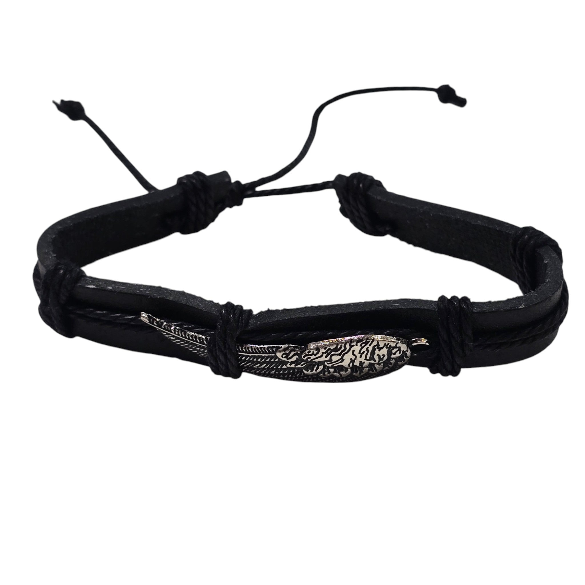 Hand-Woven Genuine Leather with Eagle Wing Pendant Accented Adjustable Bracelet