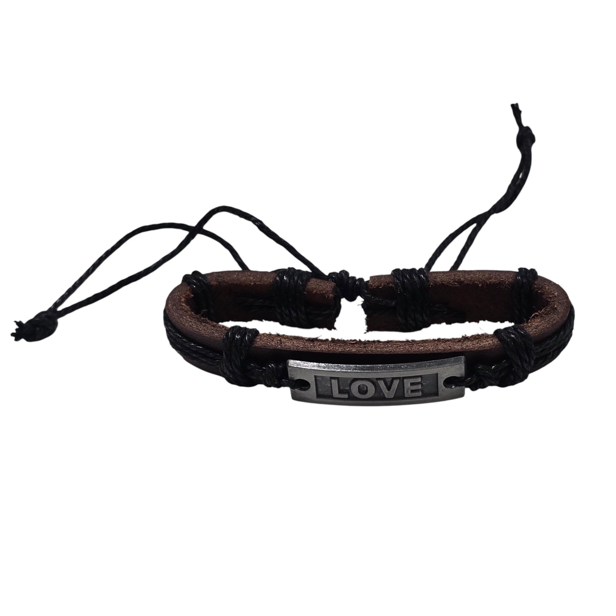 Hand-Woven Genuine Leather with Engraved "Love" Pendant Accented Adjustable Bracelet