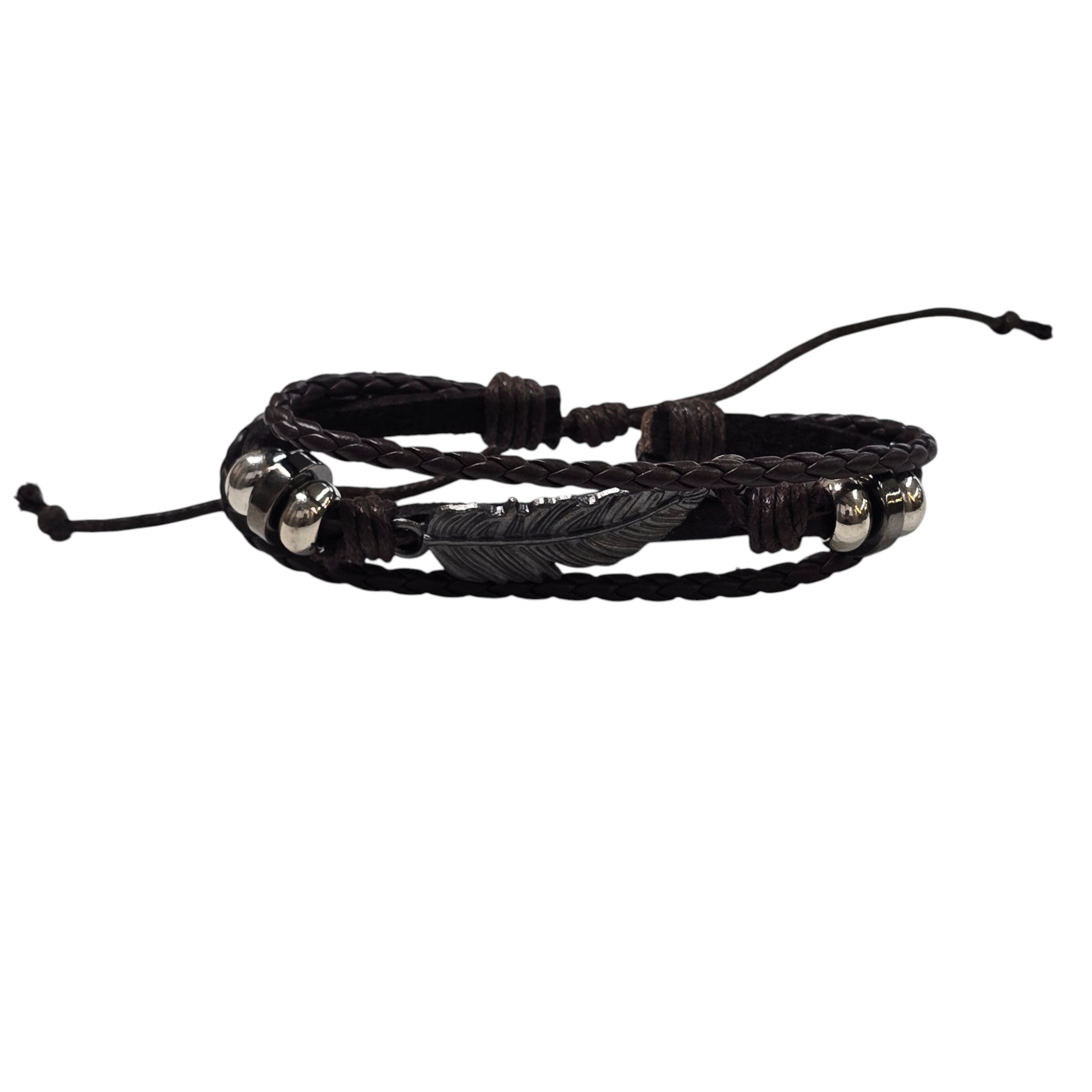 Hand-Woven Genuine Leather with Metal Rings & Feather Accented Adjustable Bracelet