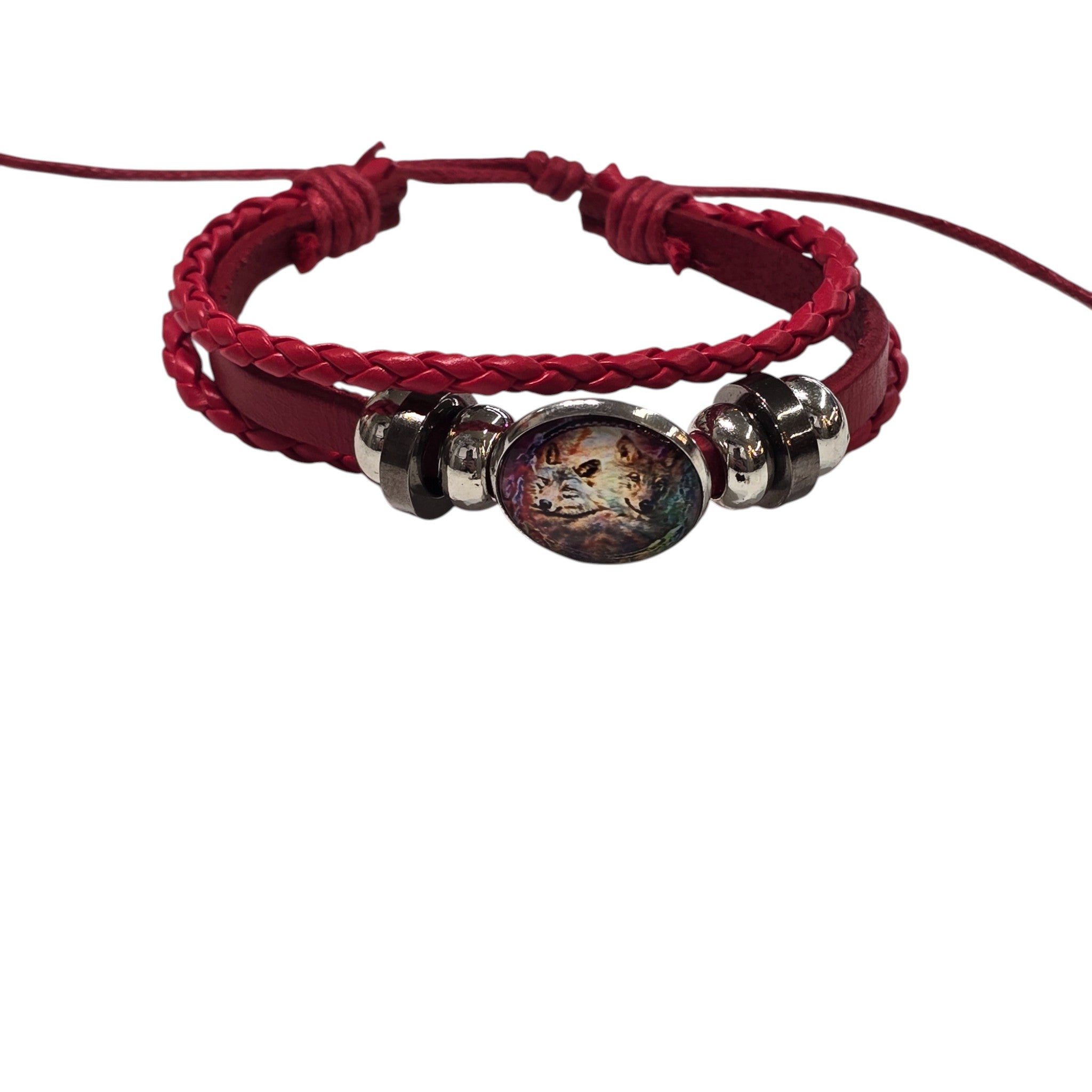 Hand-Woven Genuine Leather with Metal Rings & Wolf Pendant Accented Adjustable Bracelet