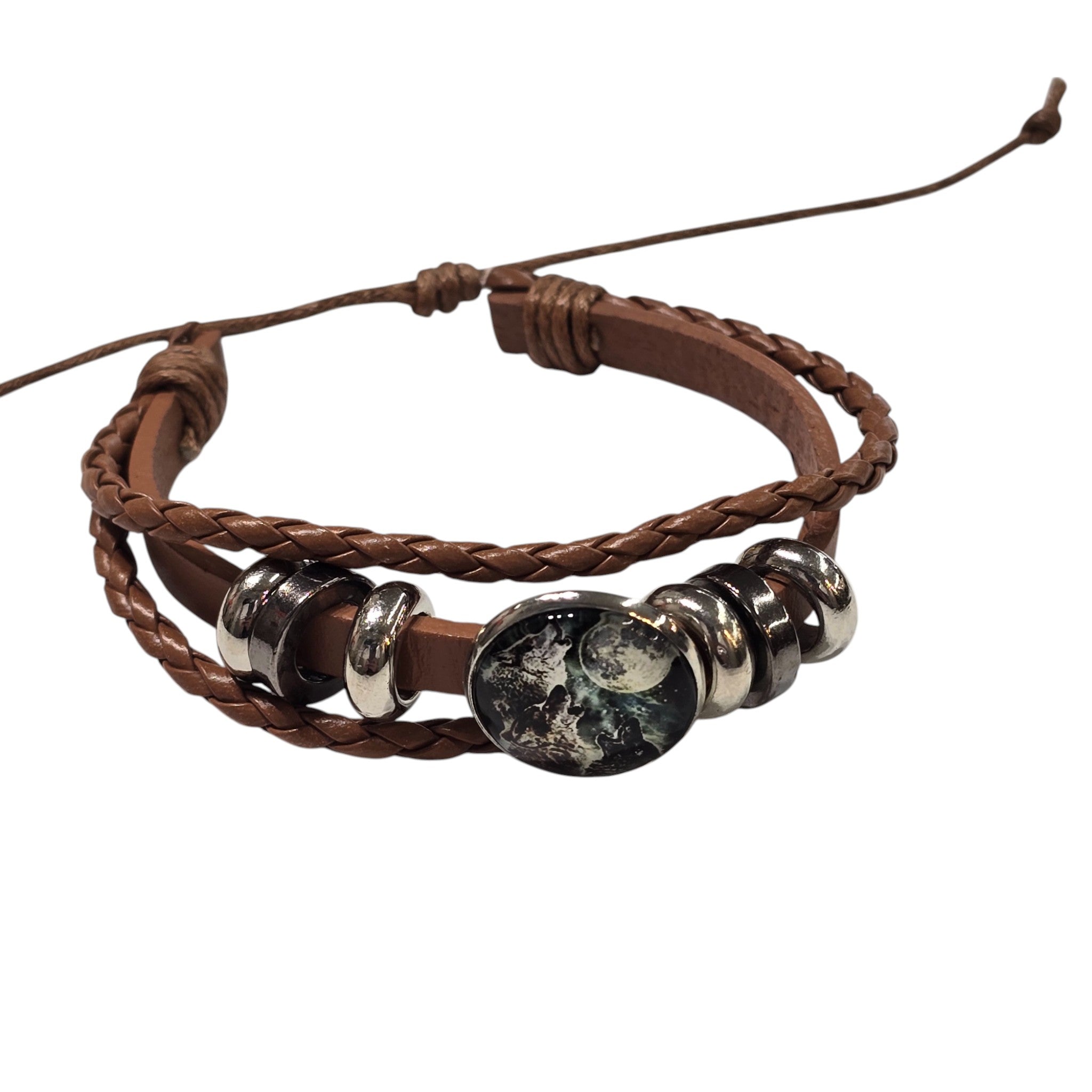 Hand-Woven Genuine Leather with Metal Rings & Howling Wolf Pendant Accented Adjustable Bracelet