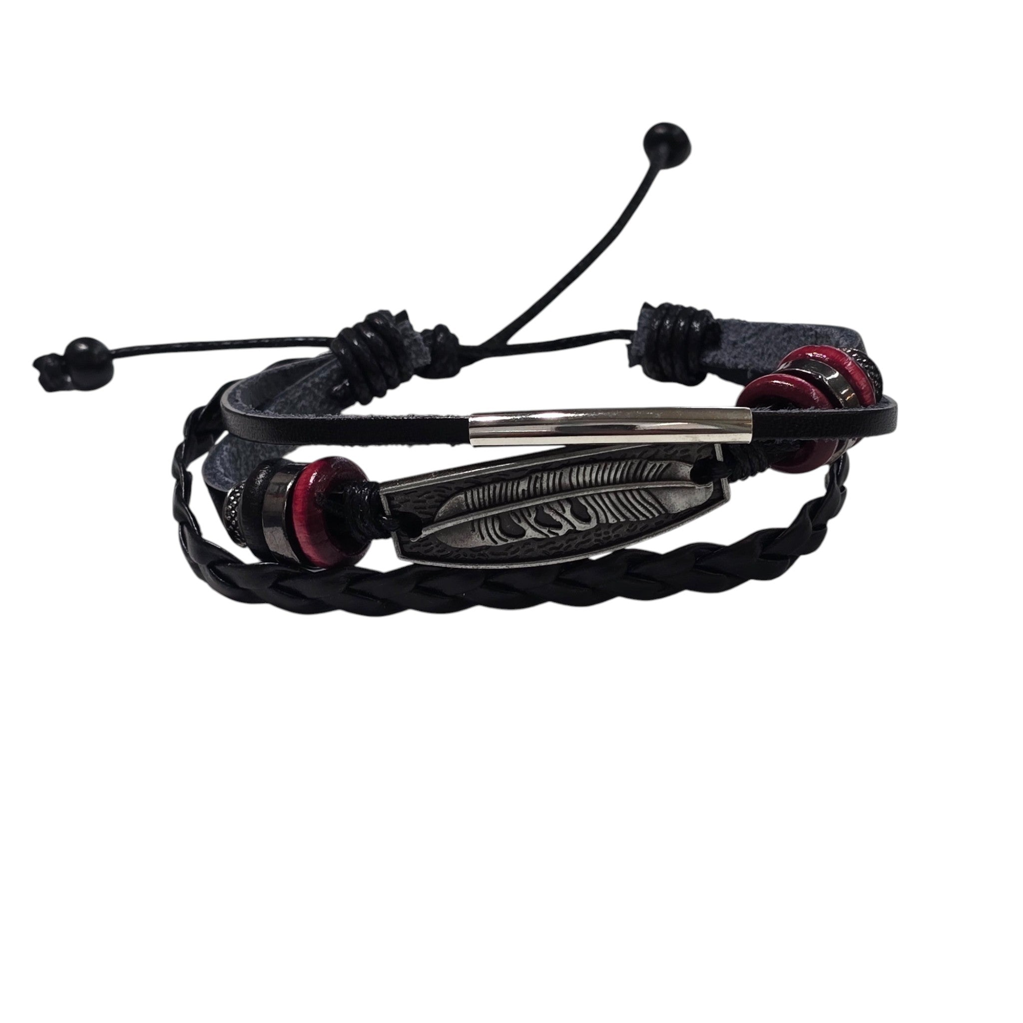 Hand-Woven Genuine Leather with Metal Rings & Feather Accented Adjustable Bracelet