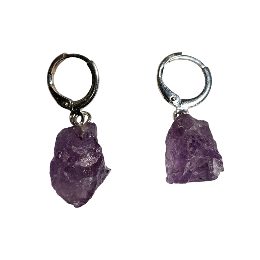 Natural Raw Amethyst Stone Click Hoop Earrings