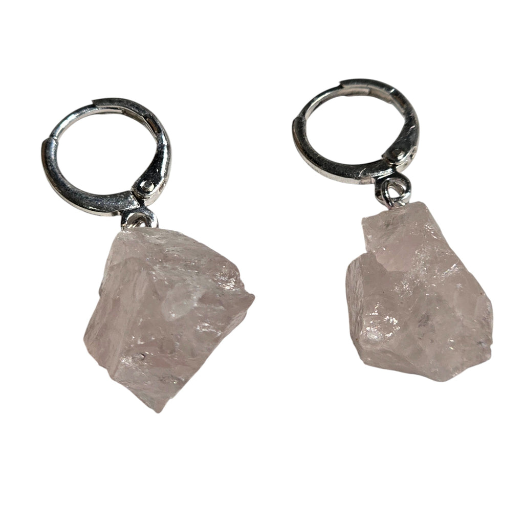 Natural Raw Rose Quartz Stone Click Hoop Earrings