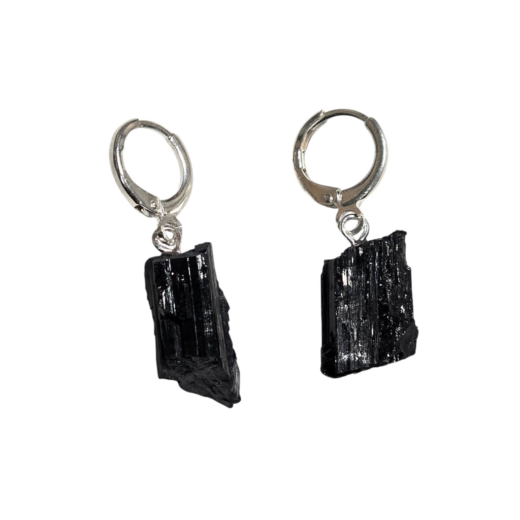 Natural Raw Black Tourmaline Stone Click Hoop Earrings