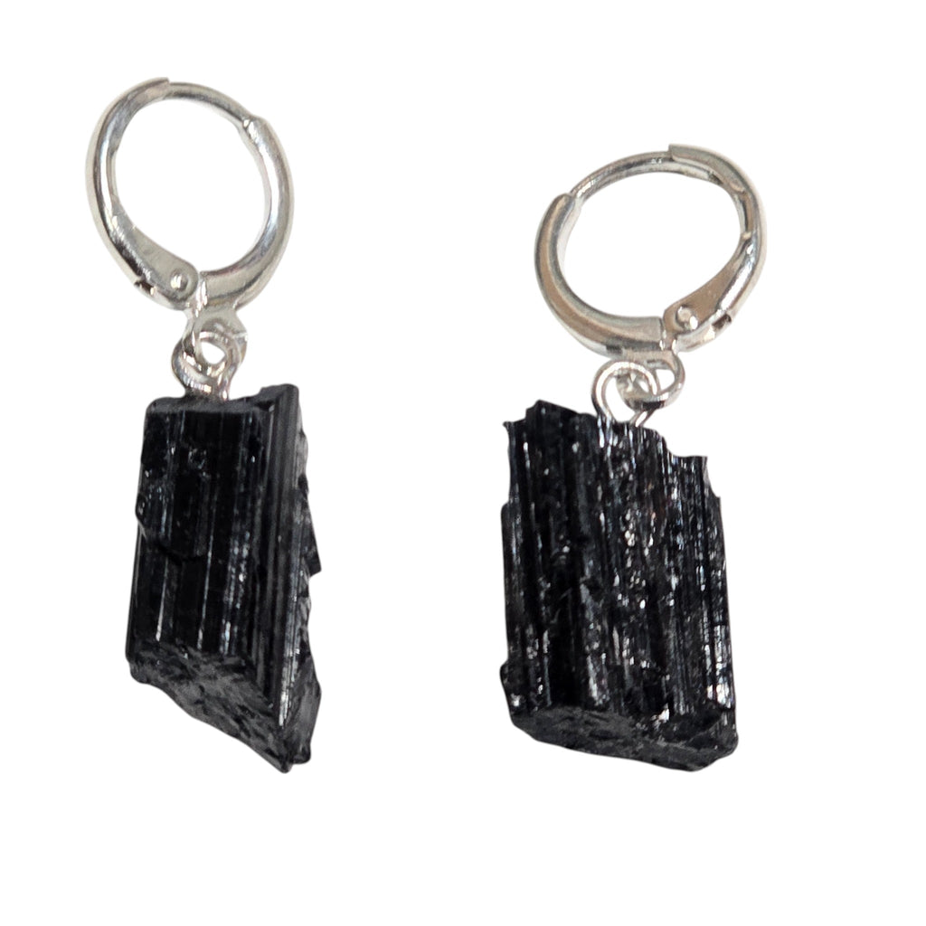 Natural Raw Black Tourmaline Stone Click Hoop Earrings