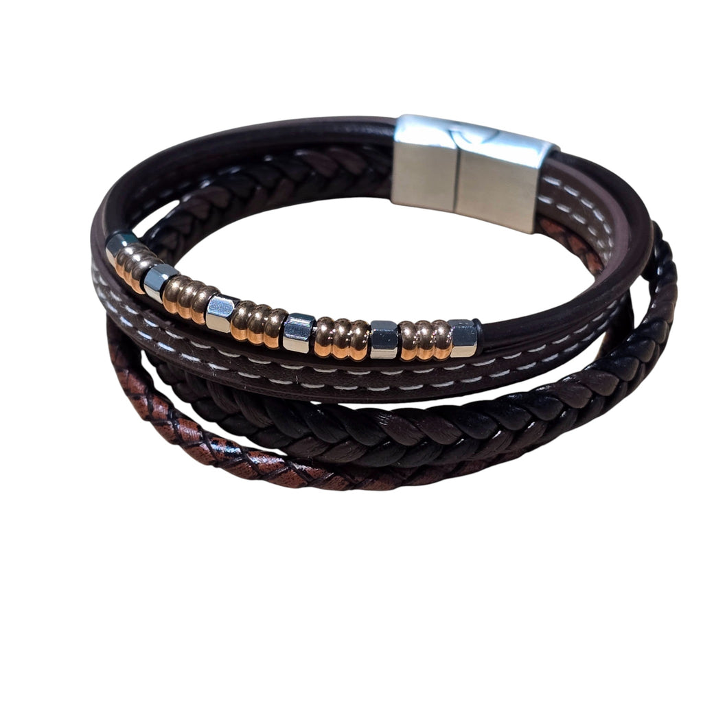 Genuine Leather, Coffee Brown, Braided Magnetic Bracelet with Metal Clasp