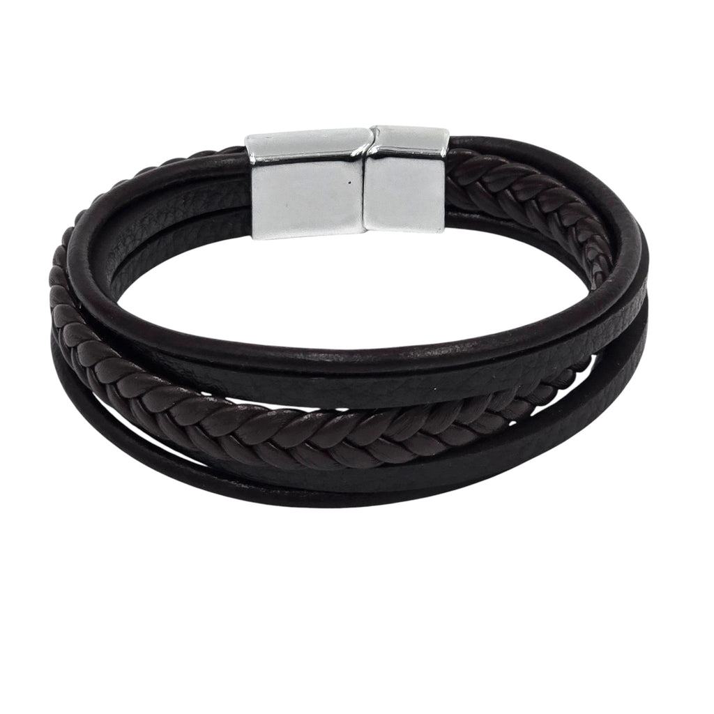 Genuine Leather, Coffee Brown, Braided Magnetic Bracelet with Metal Clasp