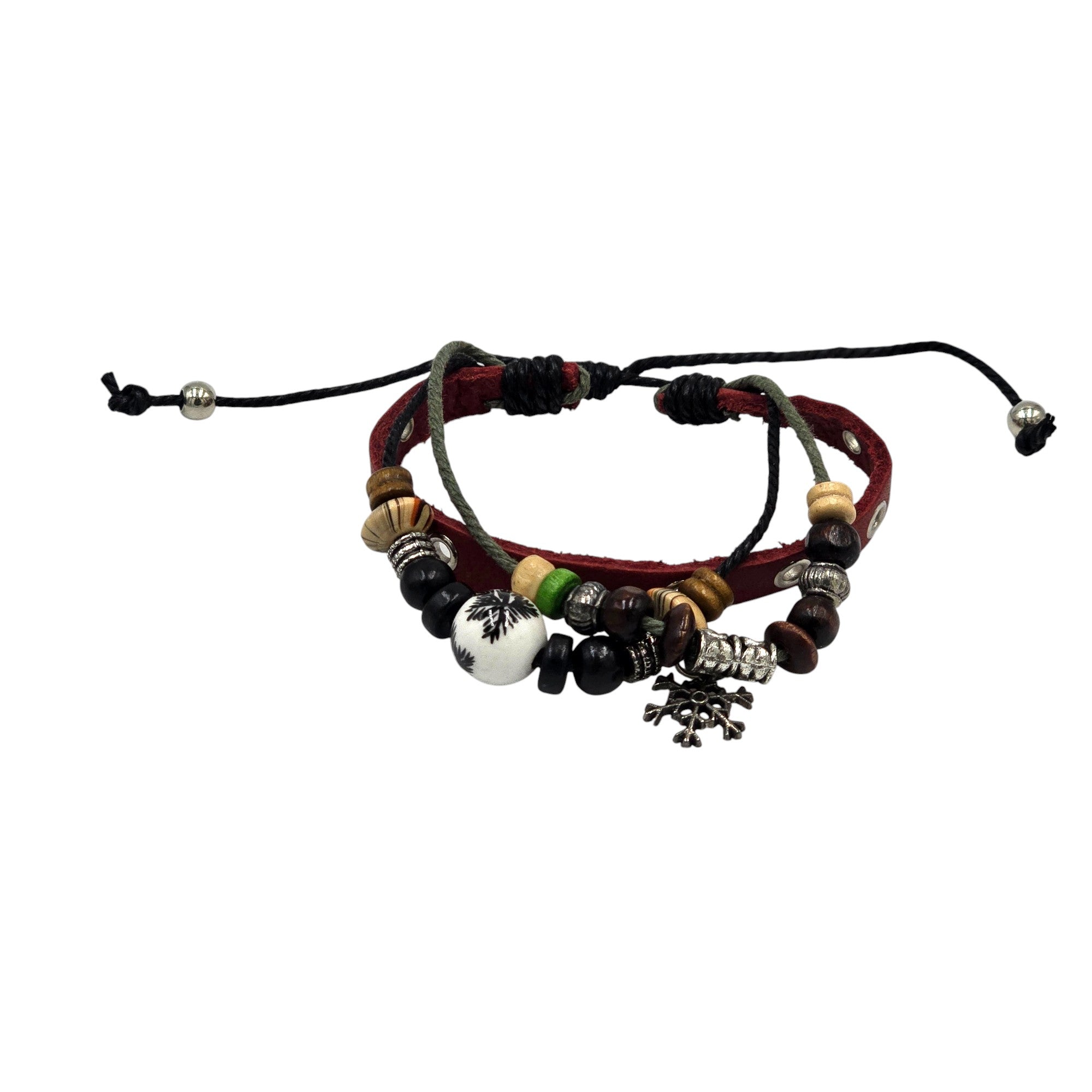 Hand-Woven Genuine Leather with Metal Rings & Snowflake Pendant Accented Adjustable Bracelet