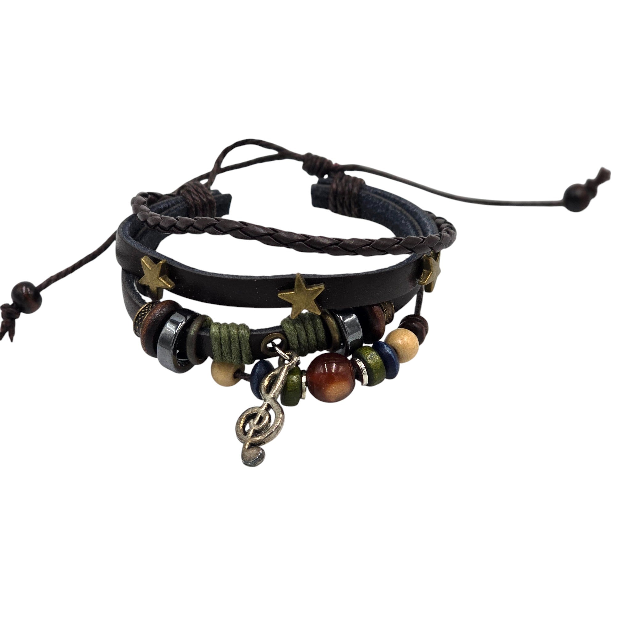 Hand-Woven Genuine Leather with Metal Rings & Music Note Pendant Accented Adjustable Bracelet