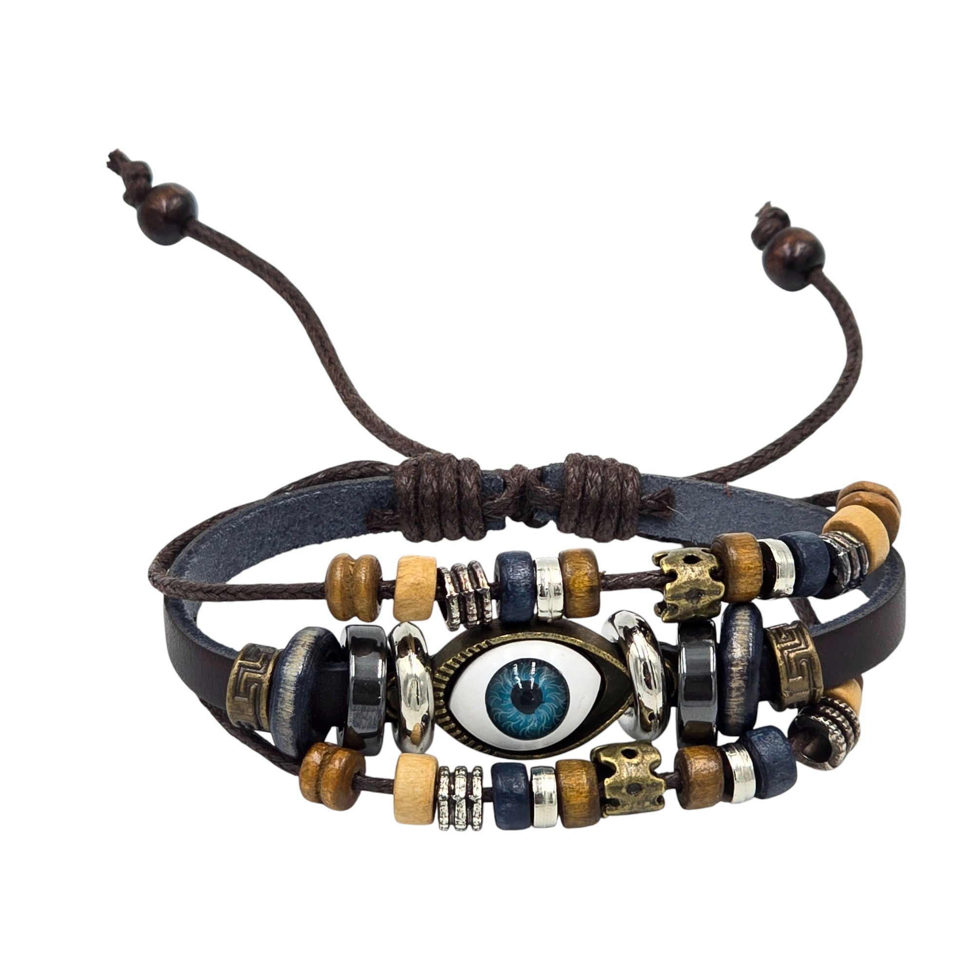 Hand-Woven Genuine Leather with Metal Rings & Eye Pendant Accented Adjustable Bracelet