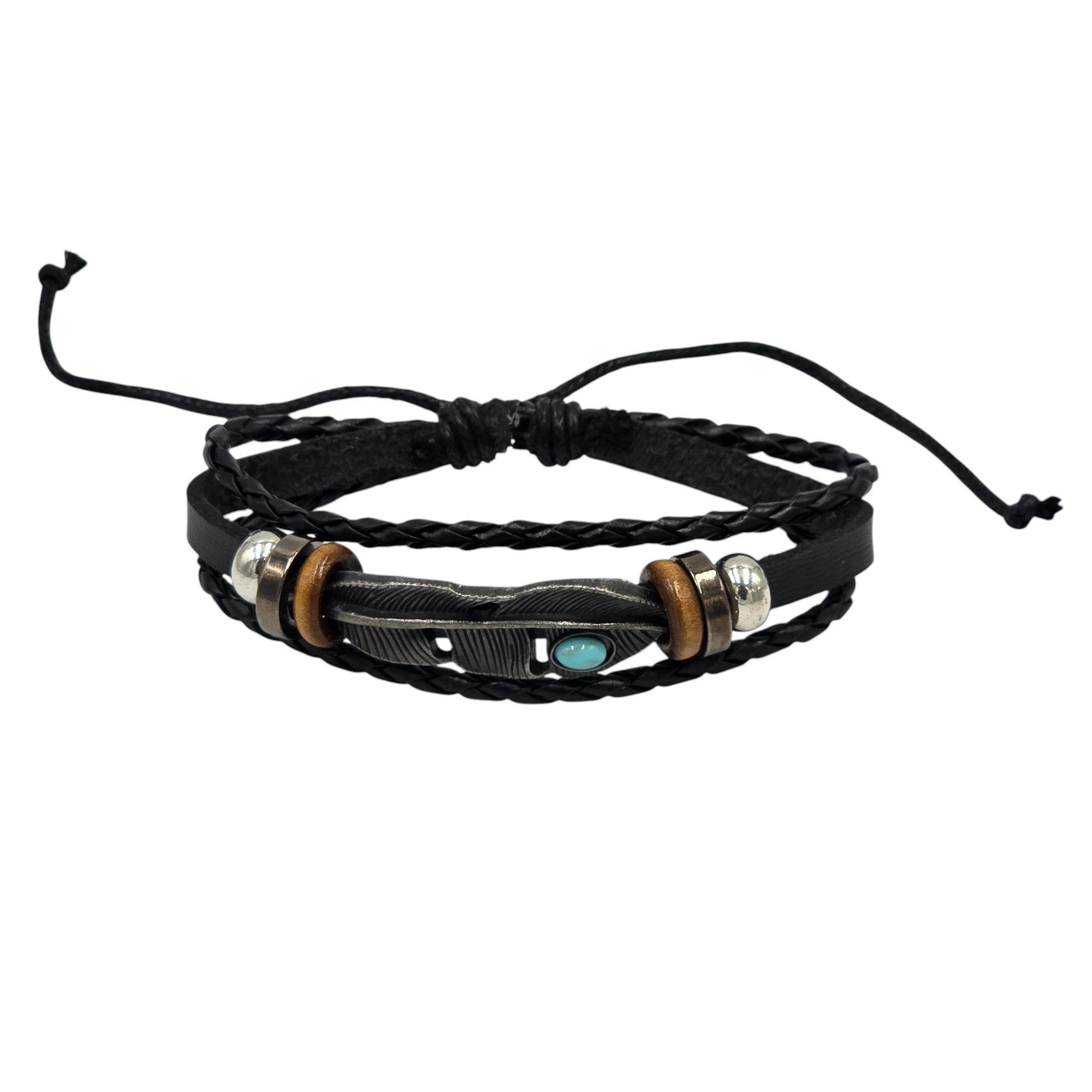 Hand-Woven Genuine Leather with Metal Rings & Feather Accented Adjustable Bracelet