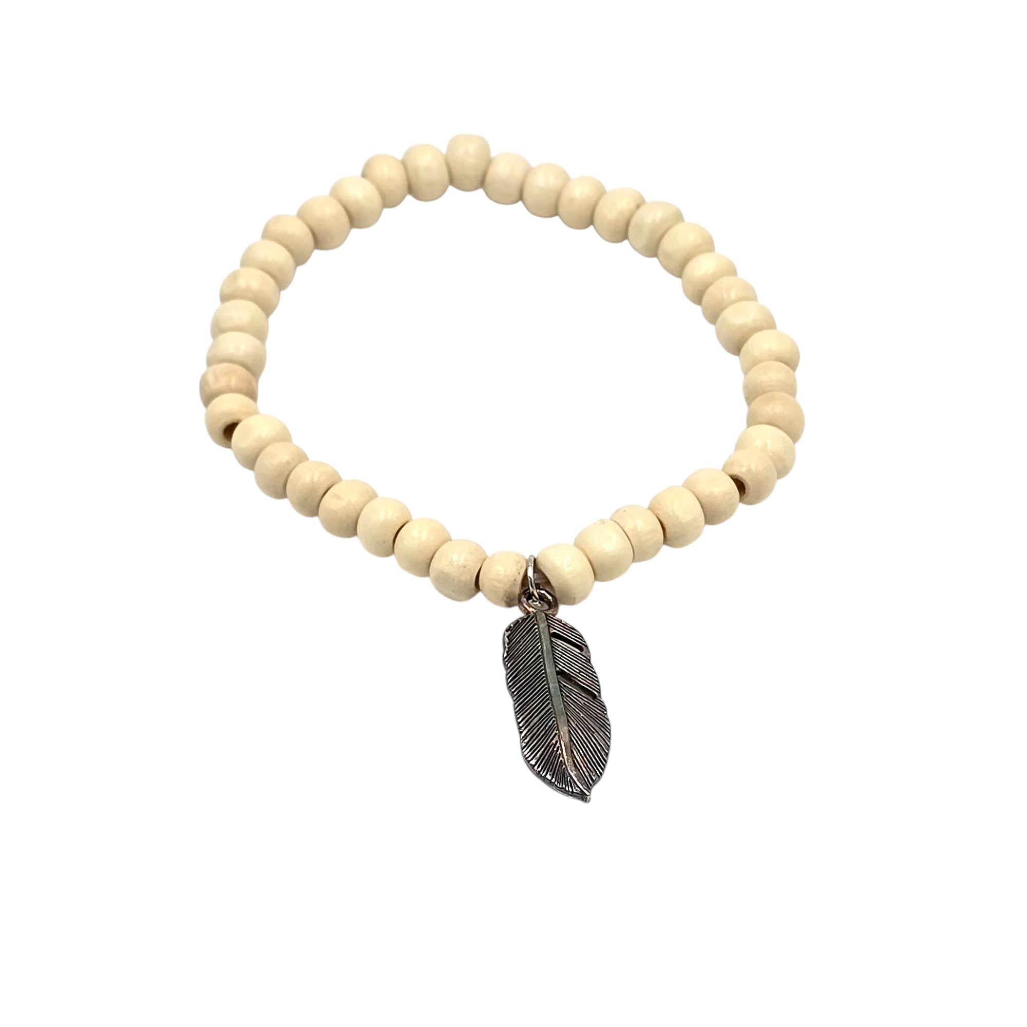 Hand-Carved Wood Bead Bracelet with Feather Pendant