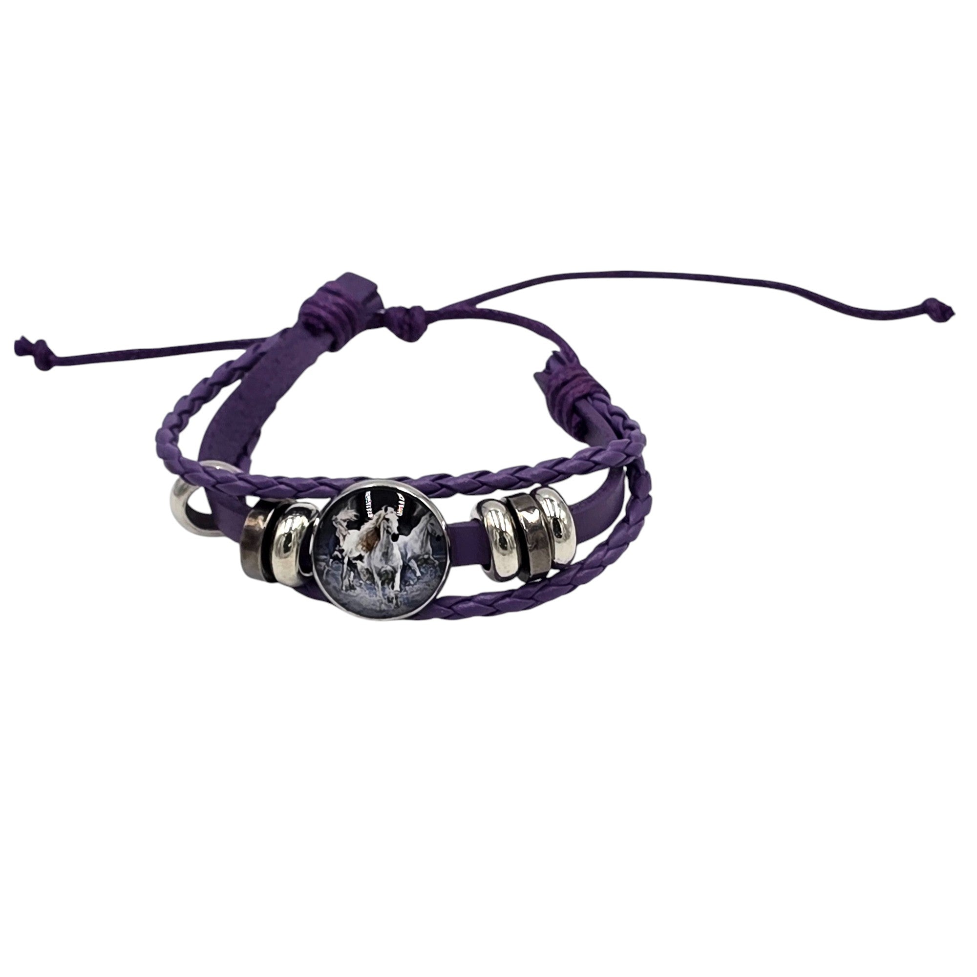 Hand-Woven Genuine Leather with Metal Rings & Horse Pendant Accented Adjustable Bracelet