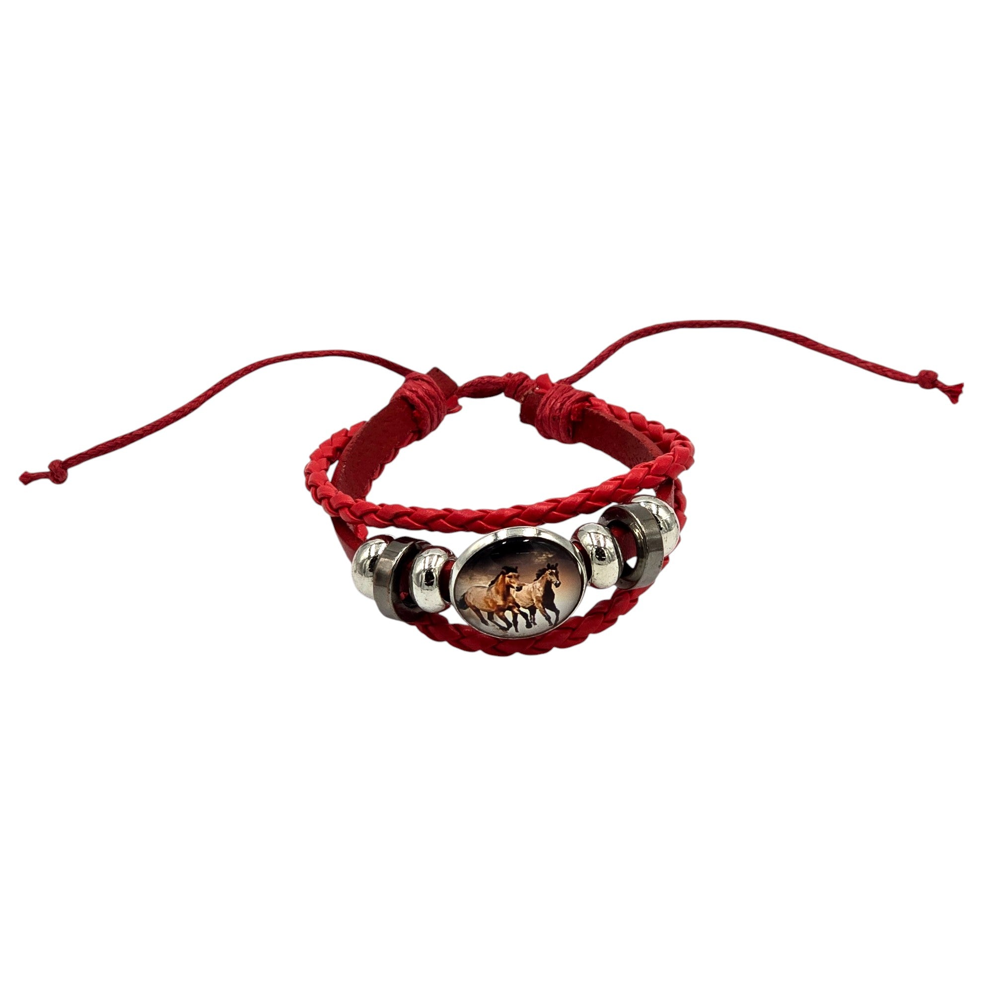 Hand-Woven Genuine Leather with Metal Rings & Horse Pendant Accented Adjustable Bracelet