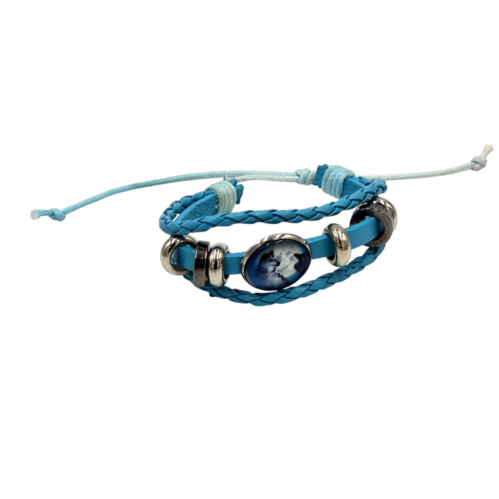 Hand-Woven Genuine Leather with Metal Rings & Wolf Pendant Accented Adjustable Bracelet
