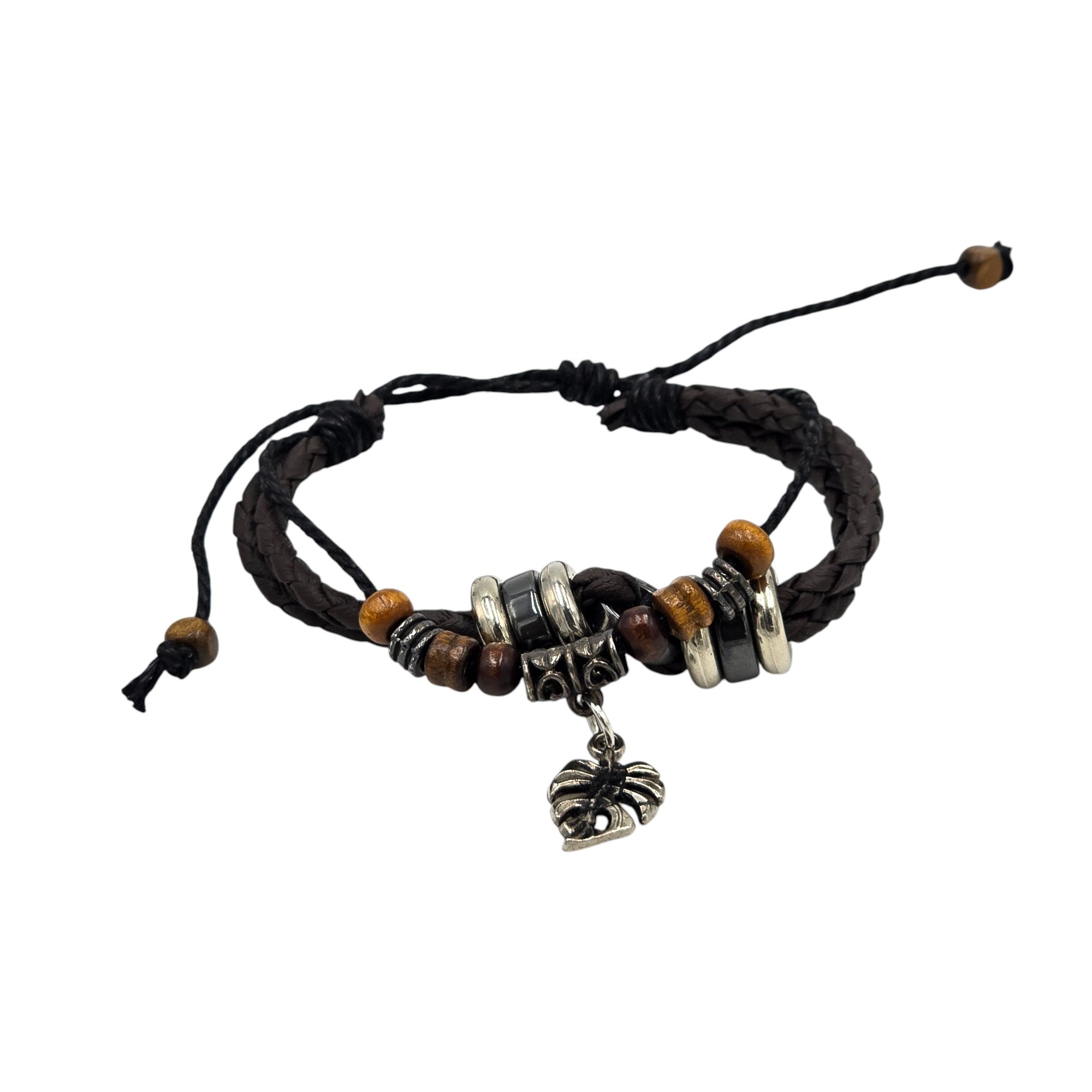 Hand-Woven Genuine Leather with Metal Rings & Leaf Pendant Accented Adjustable Bracelet