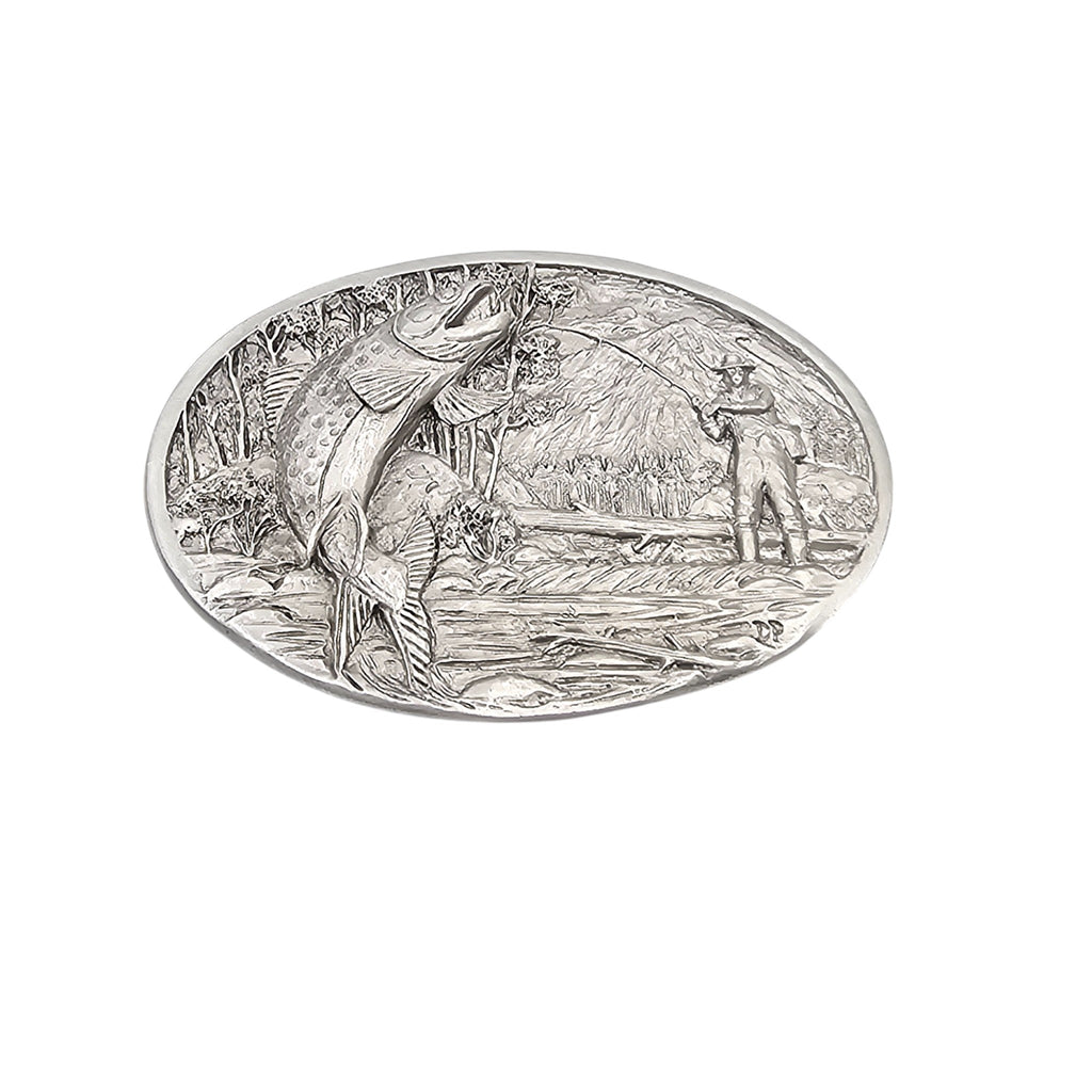 Pewter Belt Buckle Featuring a Fly Fisherman & Trout #5796