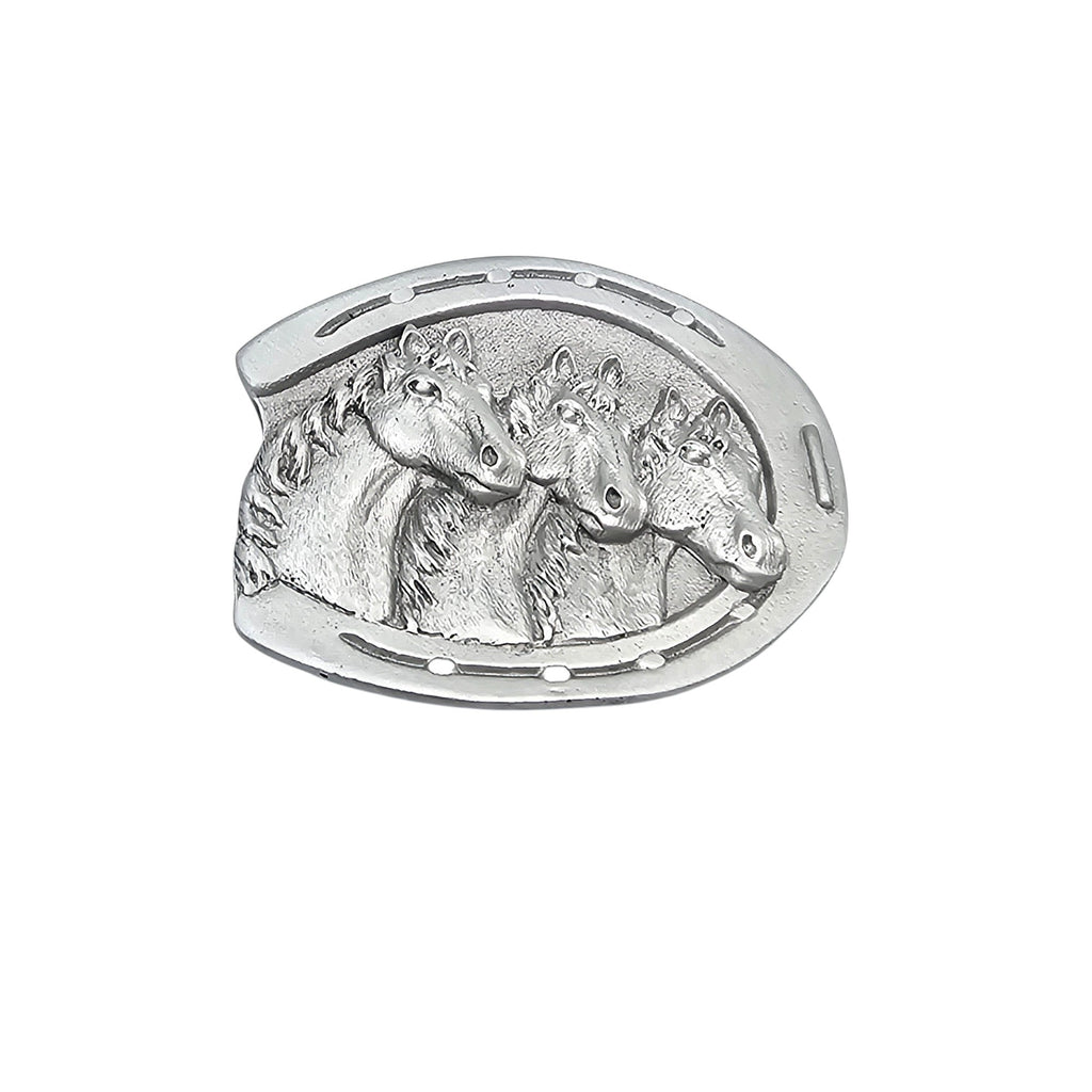 Pewter Belt Buckle Featuring Horses Circled by a Horseshoe #5132
