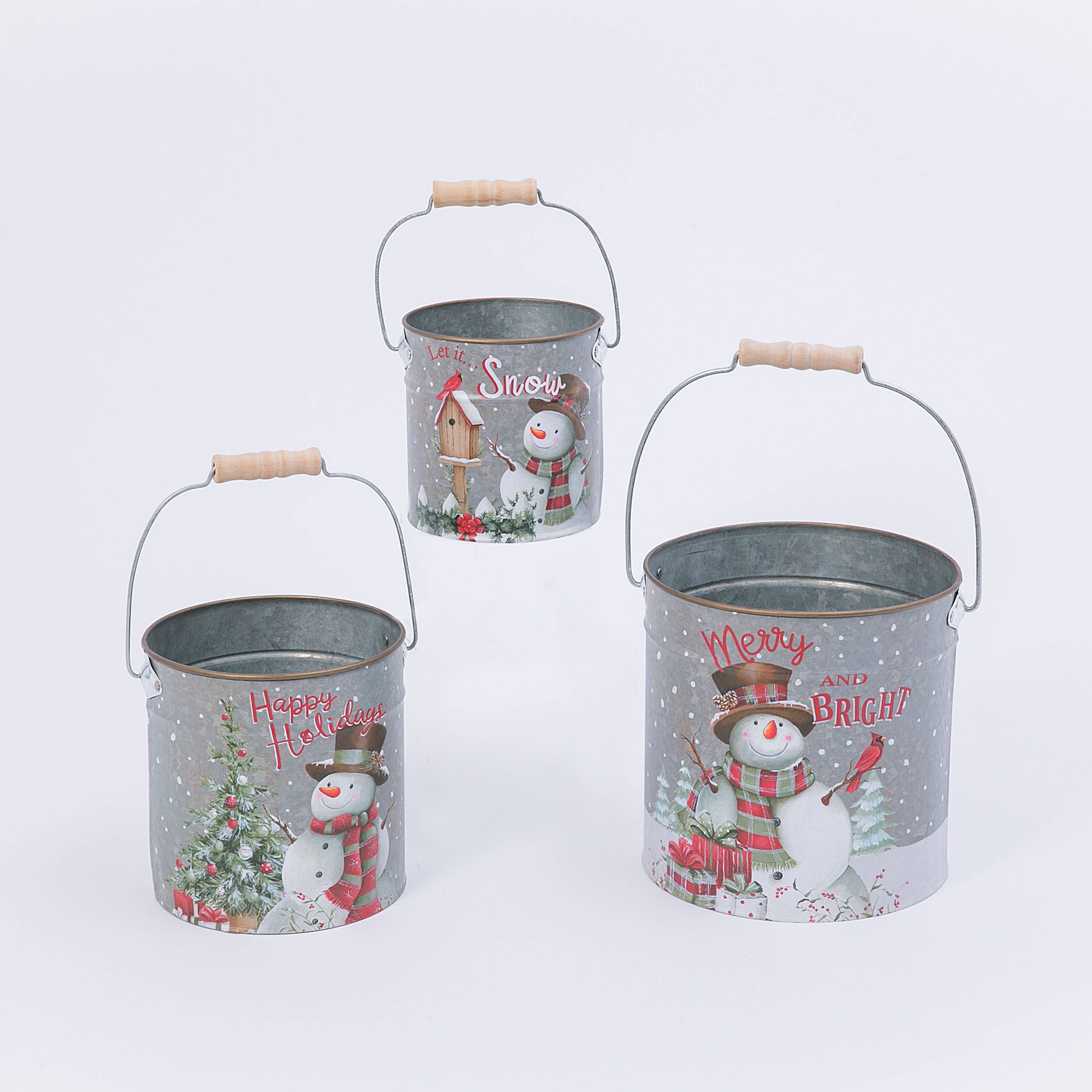 Holiday Snowman Design Metal Buckets - Large
