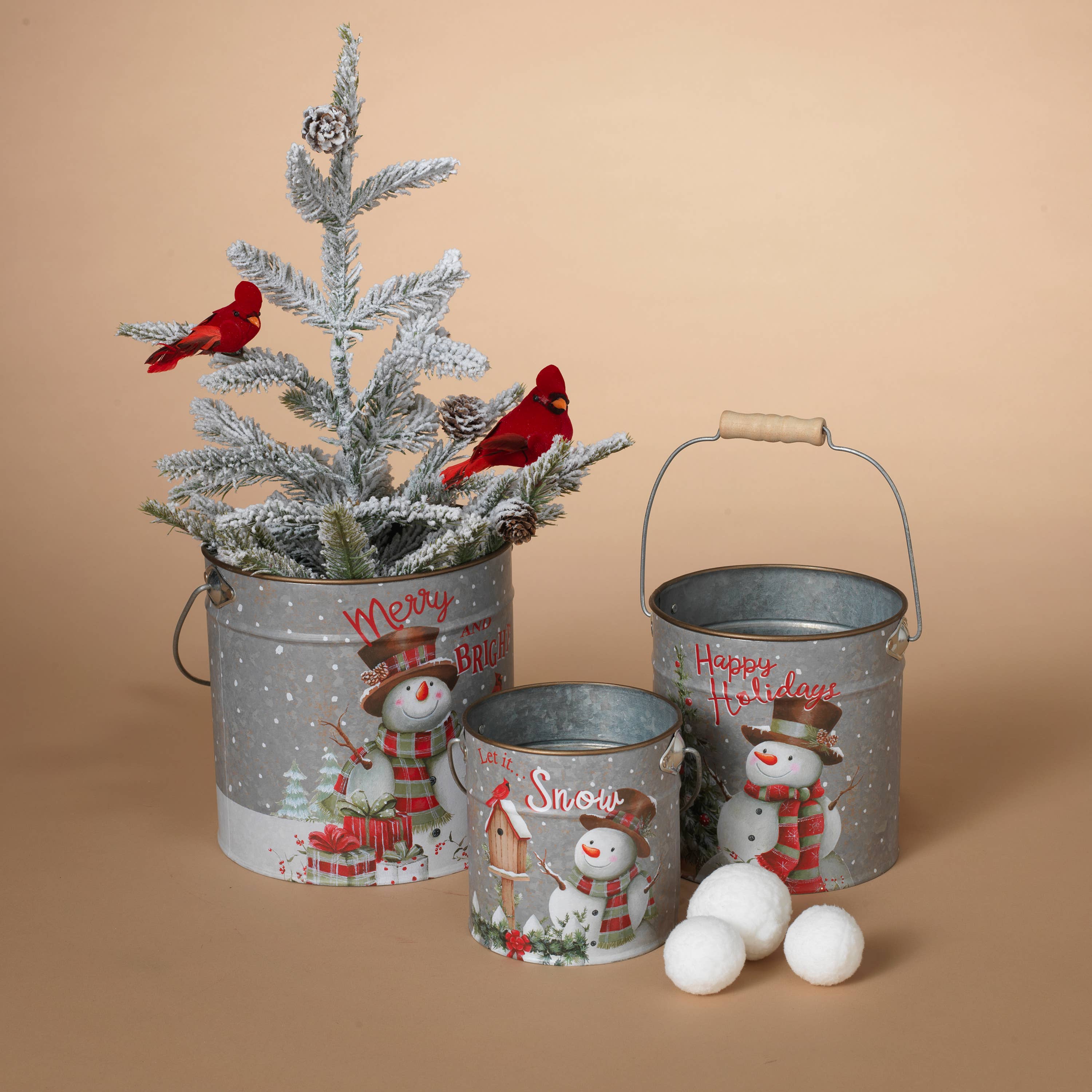 Holiday Snowman Design Metal Buckets - Large