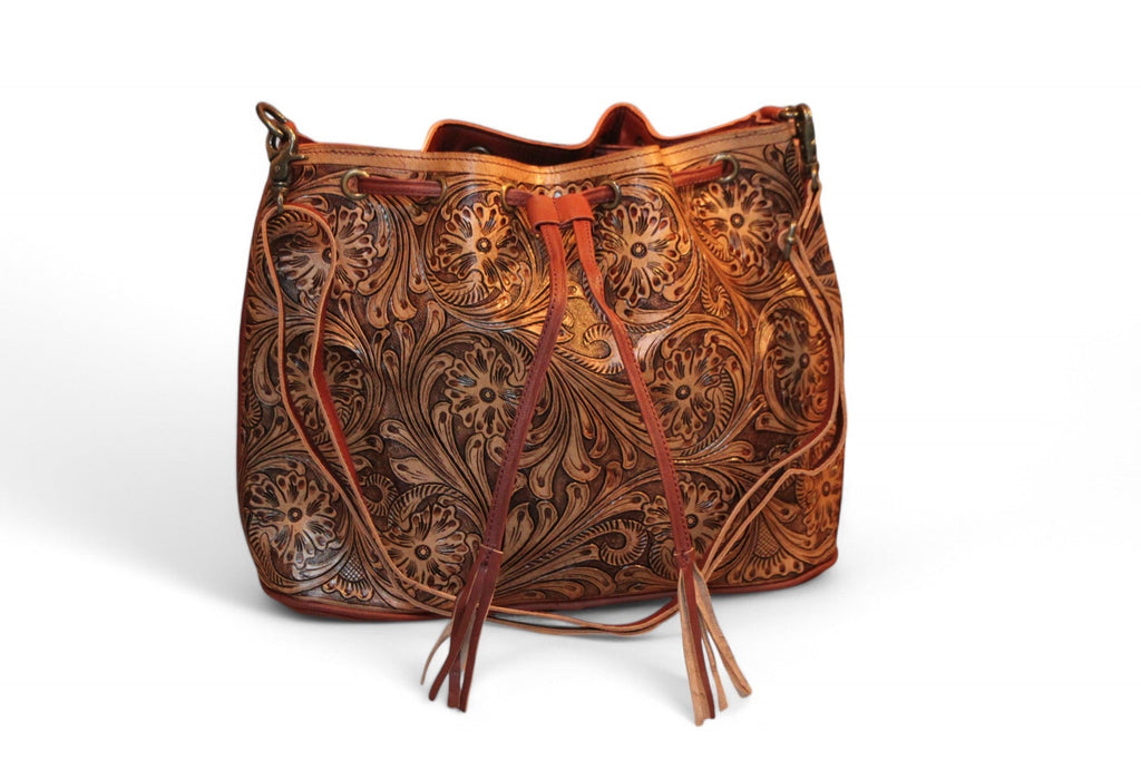 Montana Twist Genuine Leather Tooled Bucket Bag