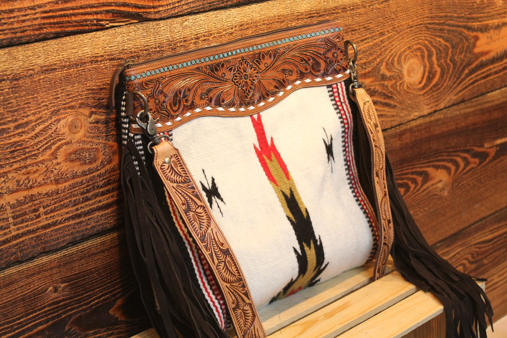 Montana Twist Genuine Leather Handwoven Handbag w/ Tassels - White