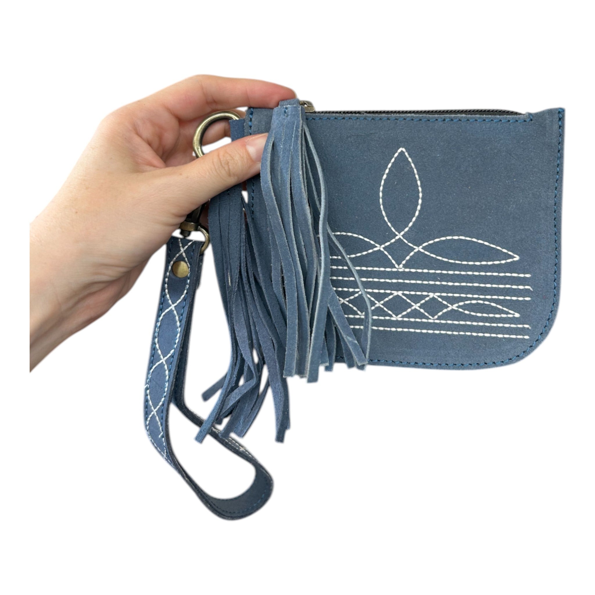 Montana Twist Genuine Suede Leather Boot Stitch Wristlet - Denim Blue