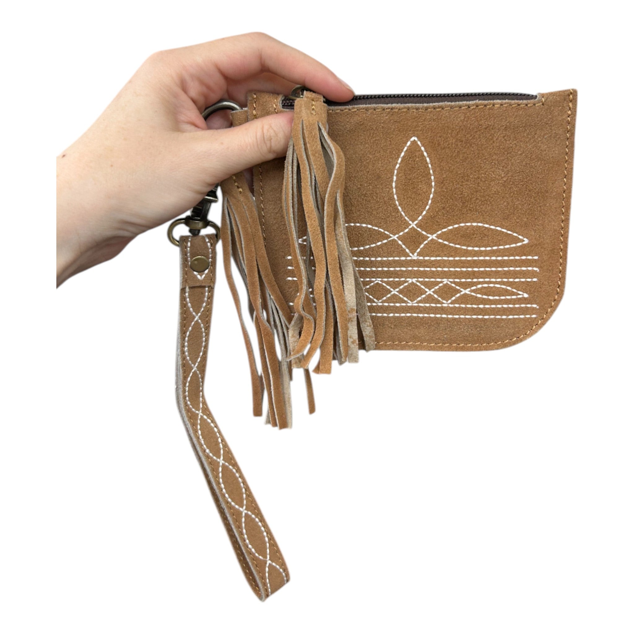 Montana Twist Genuine Suede Leather Boot Stitch Wristlet - Saddle Brown
