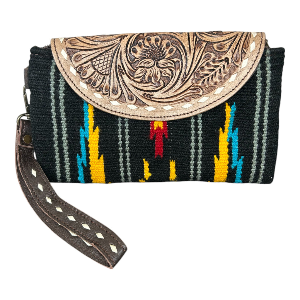 Montana Twist Handwoven Saddle Blanket Clutch with Tooled Genuine Leather Flap
