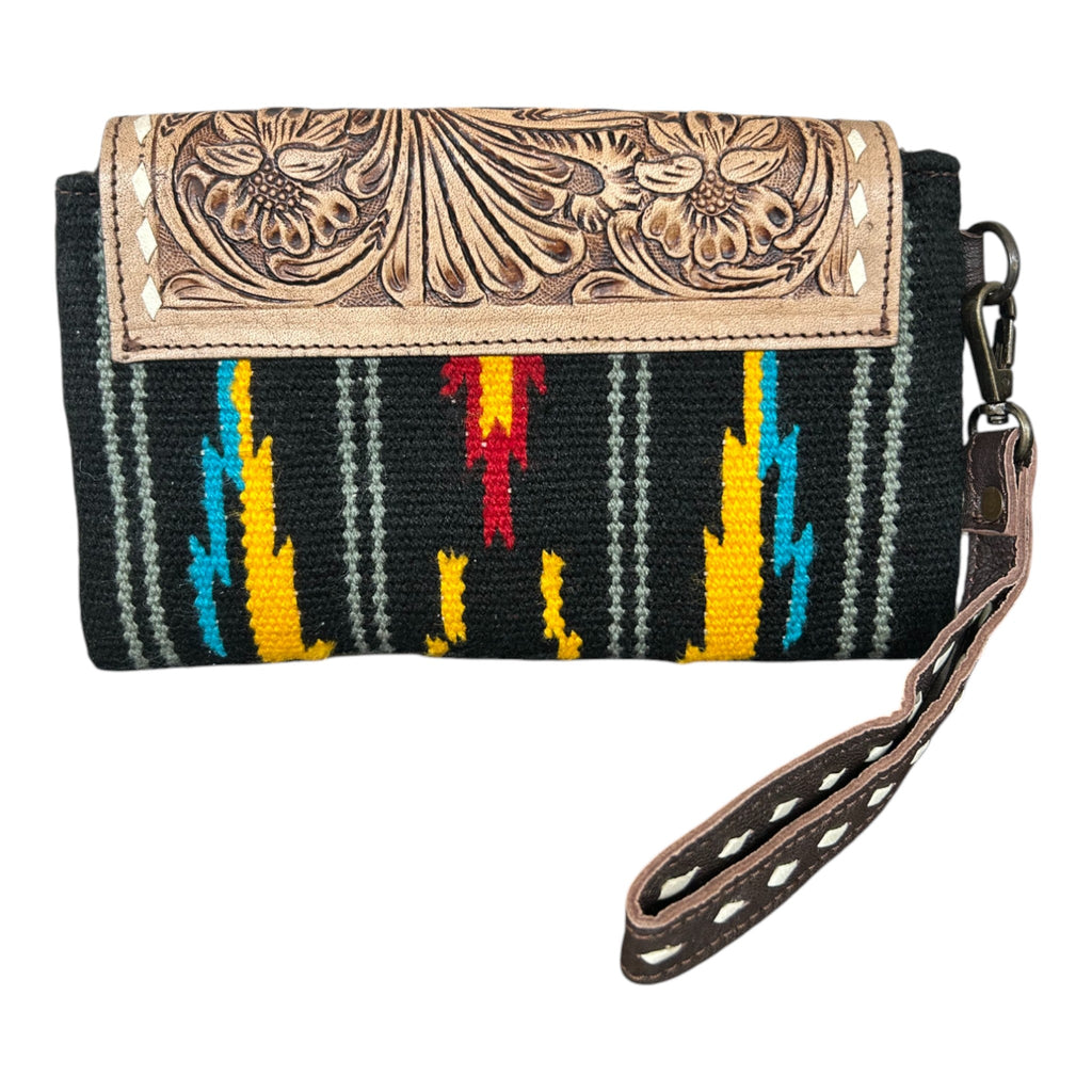 Montana Twist Handwoven Saddle Blanket Clutch with Tooled Genuine Leather Flap