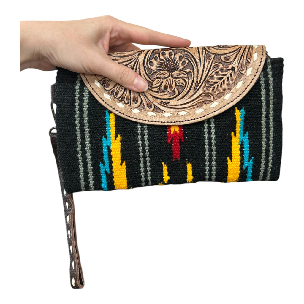 Montana Twist Handwoven Saddle Blanket Clutch with Tooled Genuine Leather Flap