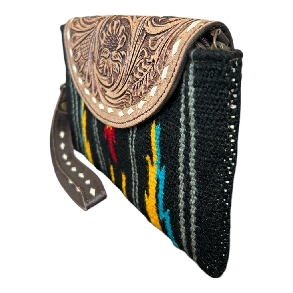 Montana Twist Handwoven Saddle Blanket Clutch with Tooled Genuine Leather Flap