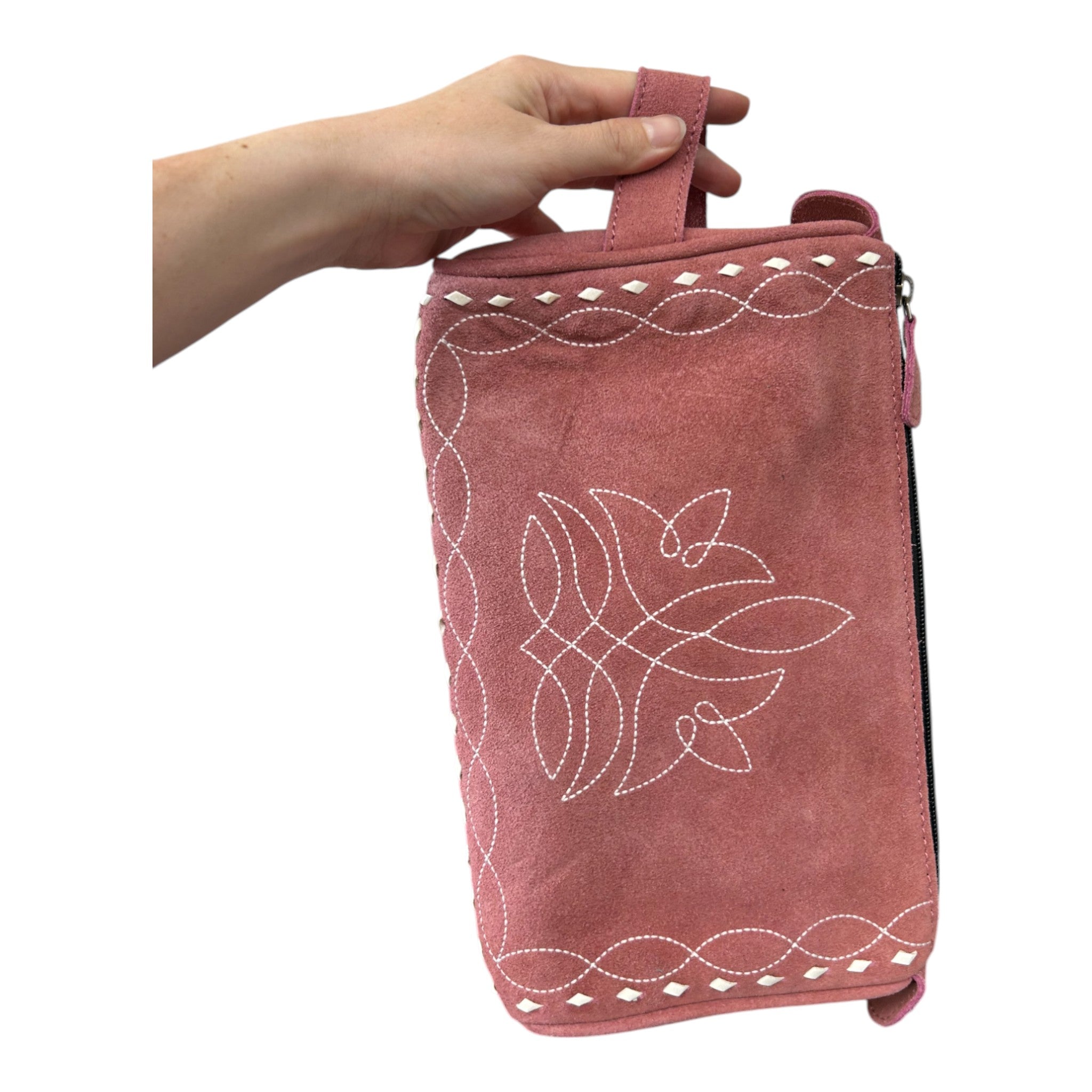 Montana Twist Genuine Suede Leather Boot Stitch Toiletry Bag - Rose