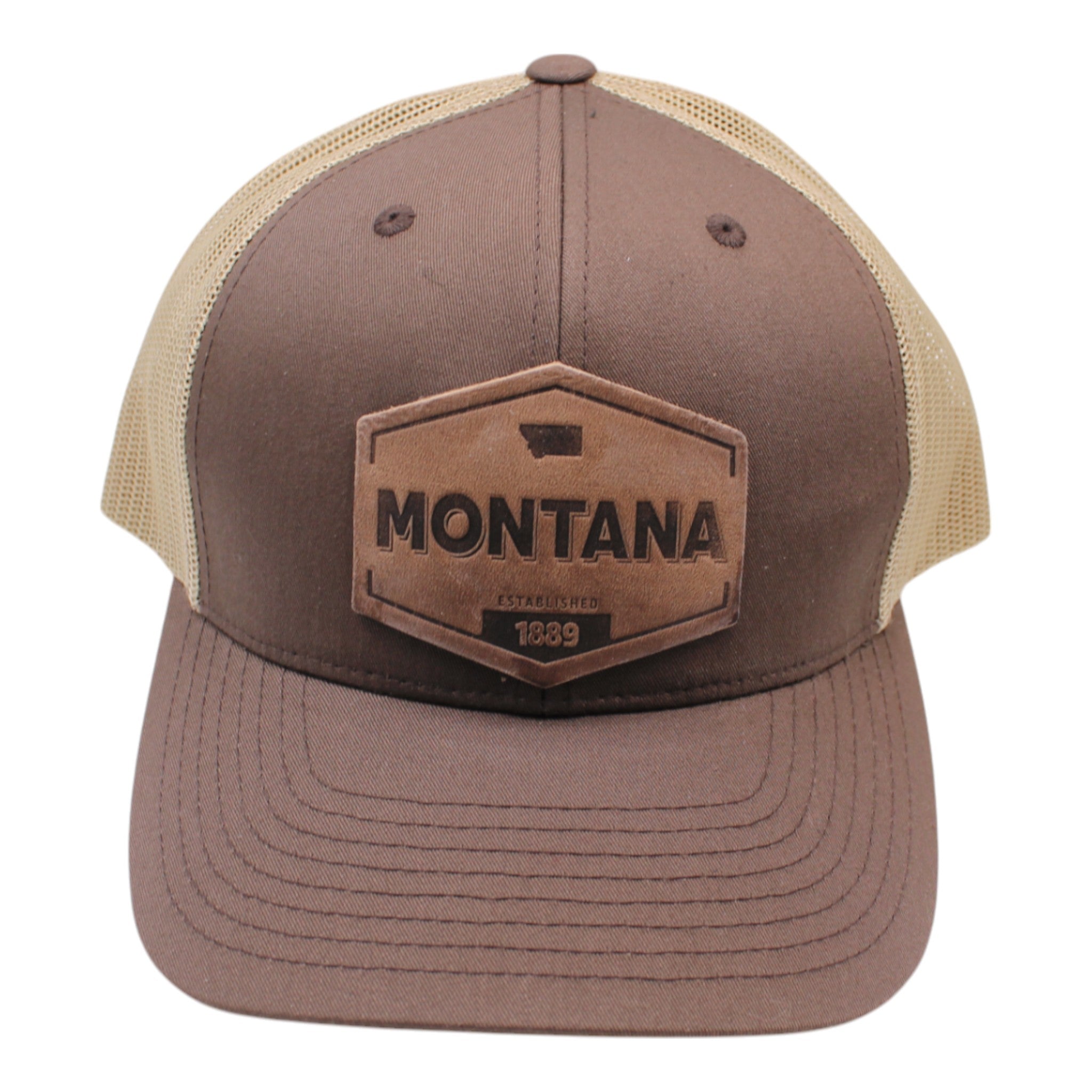 Montana Established Hat | Leather Patch Trucker Hat: Brown/Khaki