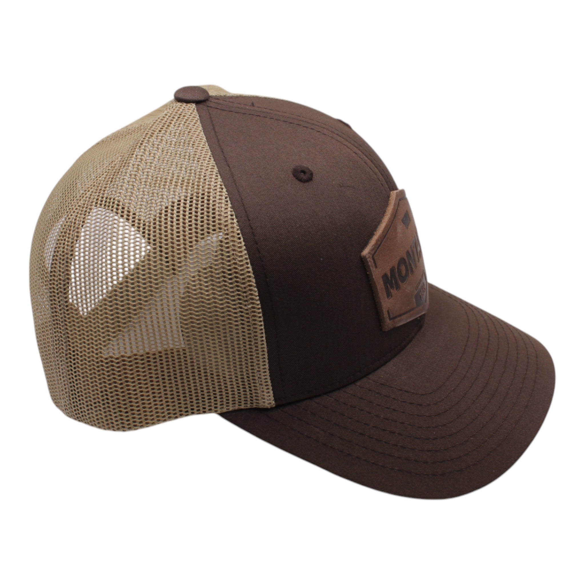 Montana Established Hat | Leather Patch Trucker Hat: Brown/Khaki