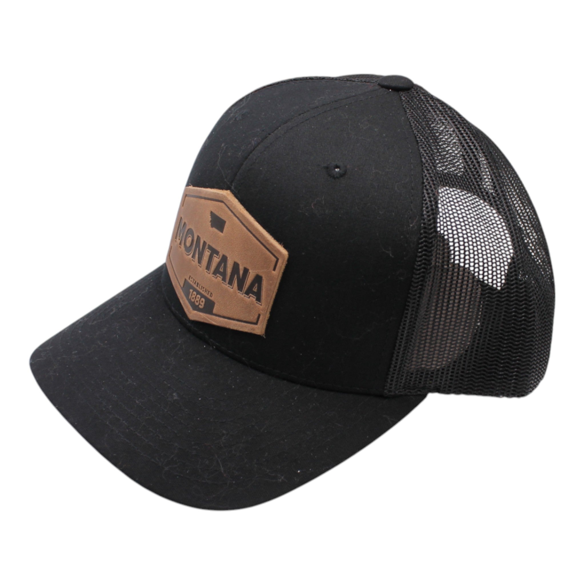 Montana Established Hat | Leather Patch Trucker Hat: Black