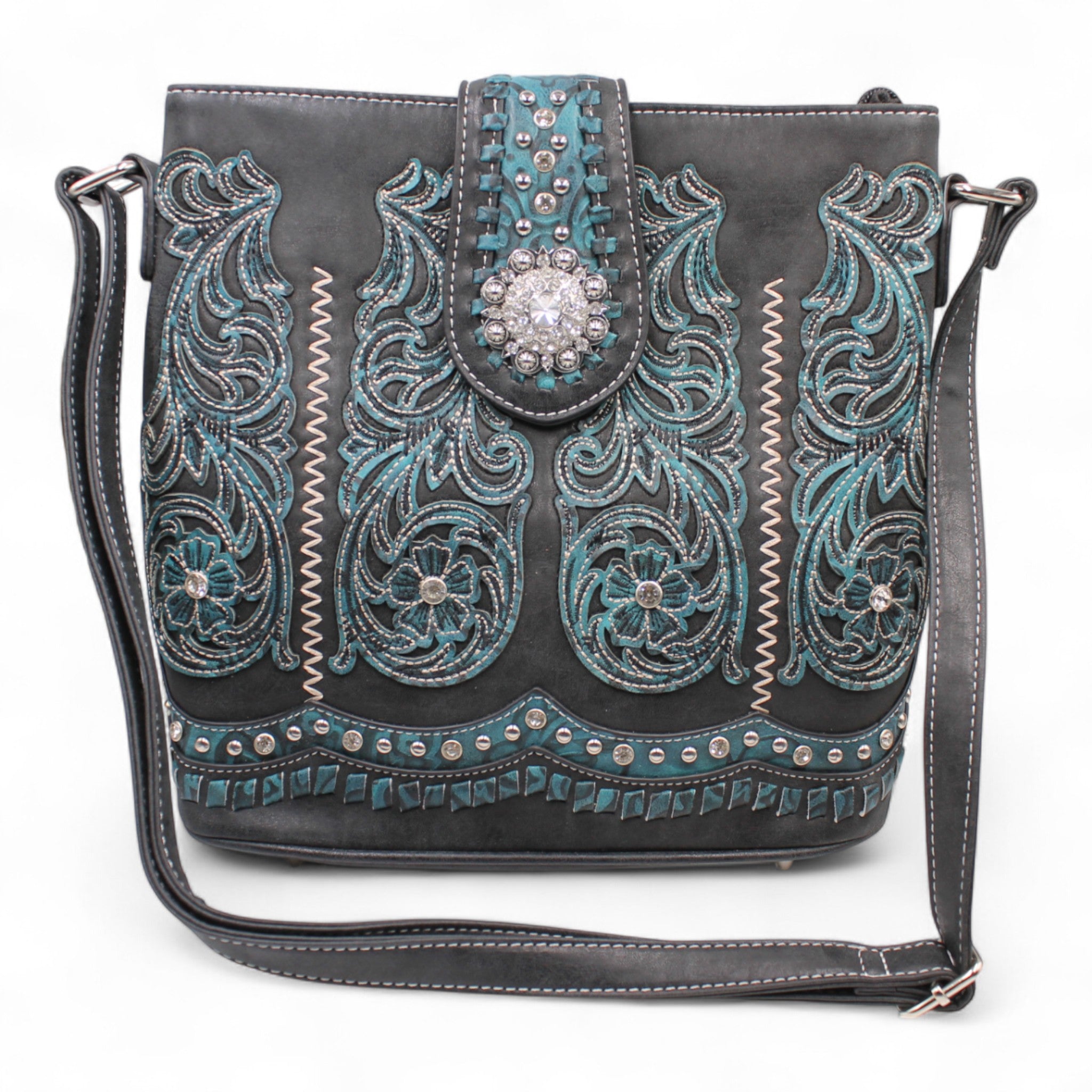 Montana Twist Turquoise Embroidered w/ Rhinestone Accents Concealed Carry Handbag