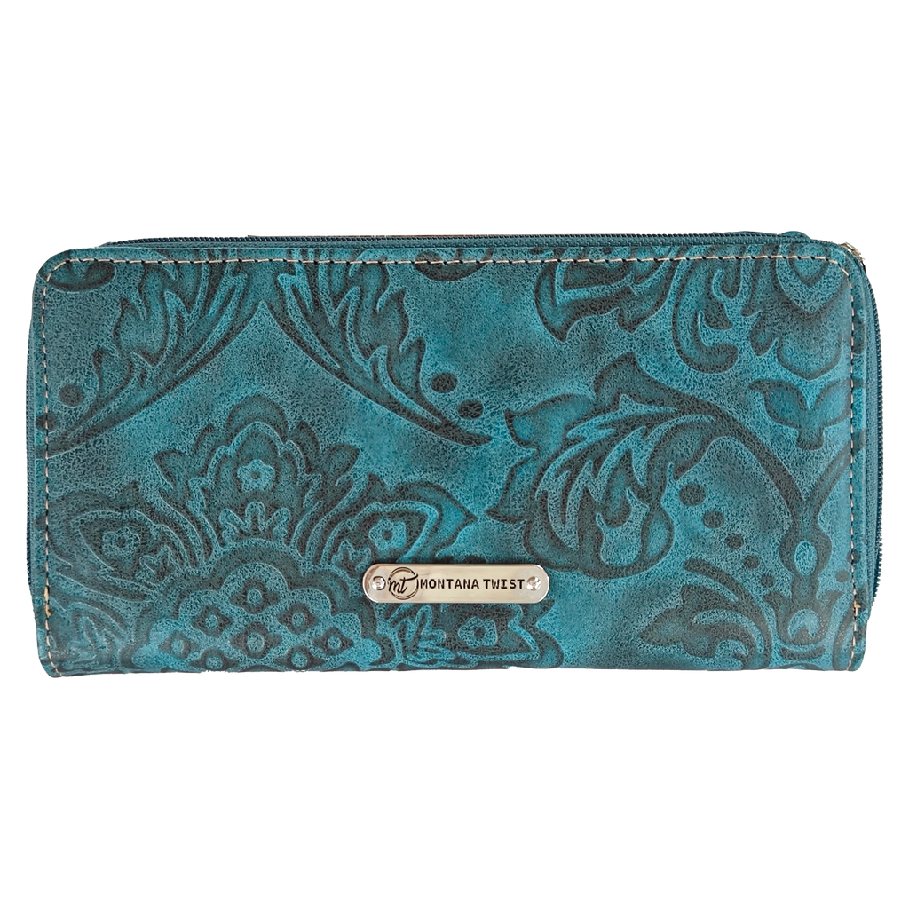 Montana Twist Western Turquoise Tooled PU Leather Slim Folding Wallet