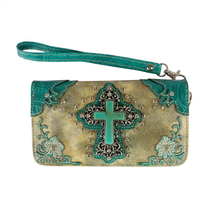 Montana Twist Cream Wallet with Turquoise Cross with Concho Rhinestone Embellishments