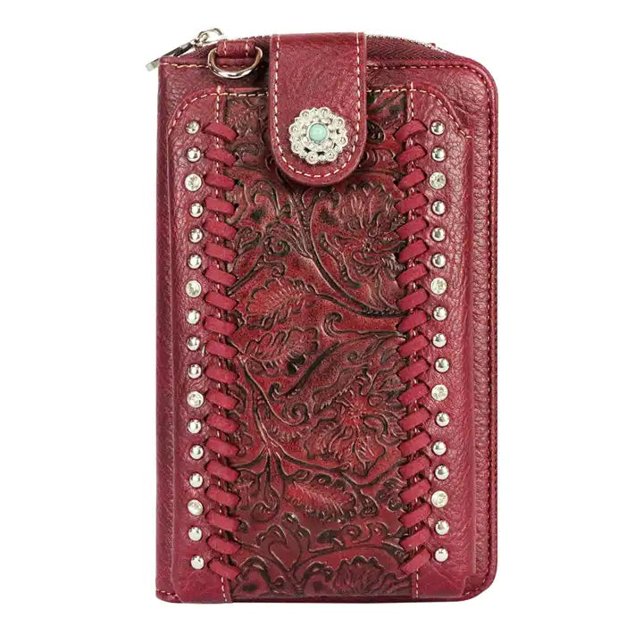 Montana Twist Red Tooled PU Leather and Concho Crossbody Phone Bag