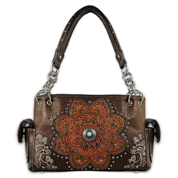 Montana Twist Concealed Carry Brown Solar Flower Tooled Handbag