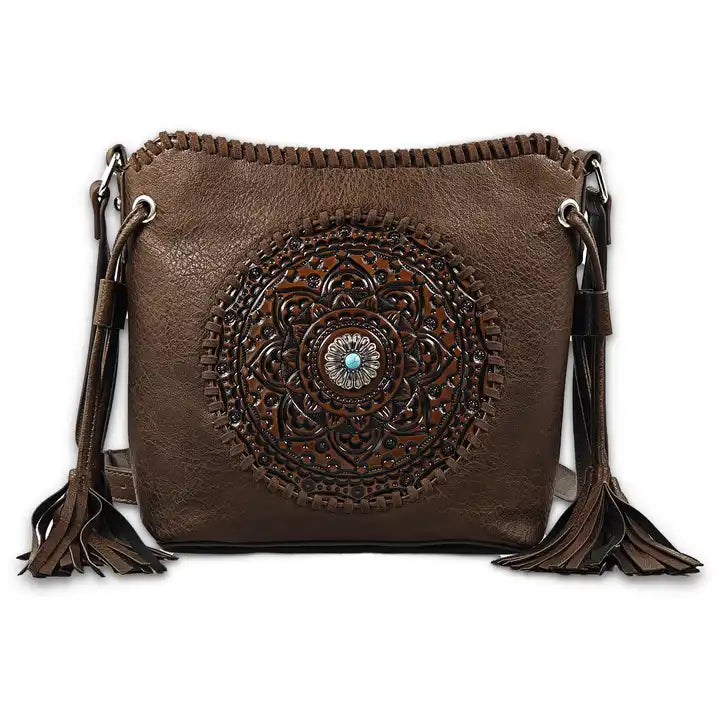Montana Twist Coffee Solar Flower Tooled PU Leather Crossody Handbag