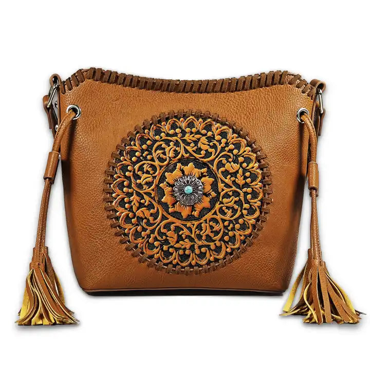 Montana Twist Brown Solar Flower Tooled PU Leather Crossody Handbag