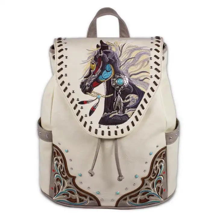 Montana Twist Concealed Carry Vintage Beige PU Leather Embroidered Horse Backpack