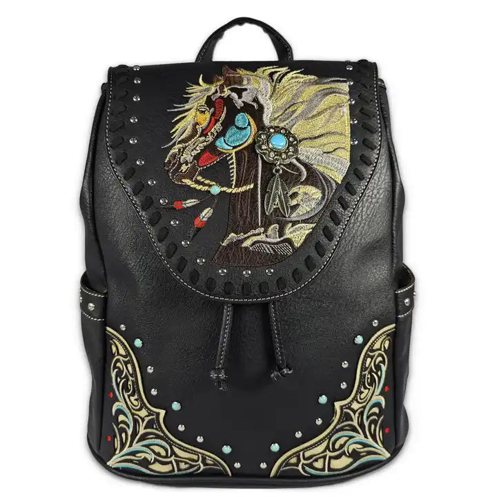 Montana Twist Concealed Carry Vintage Black PU Leather Embroidered Horse Backpack