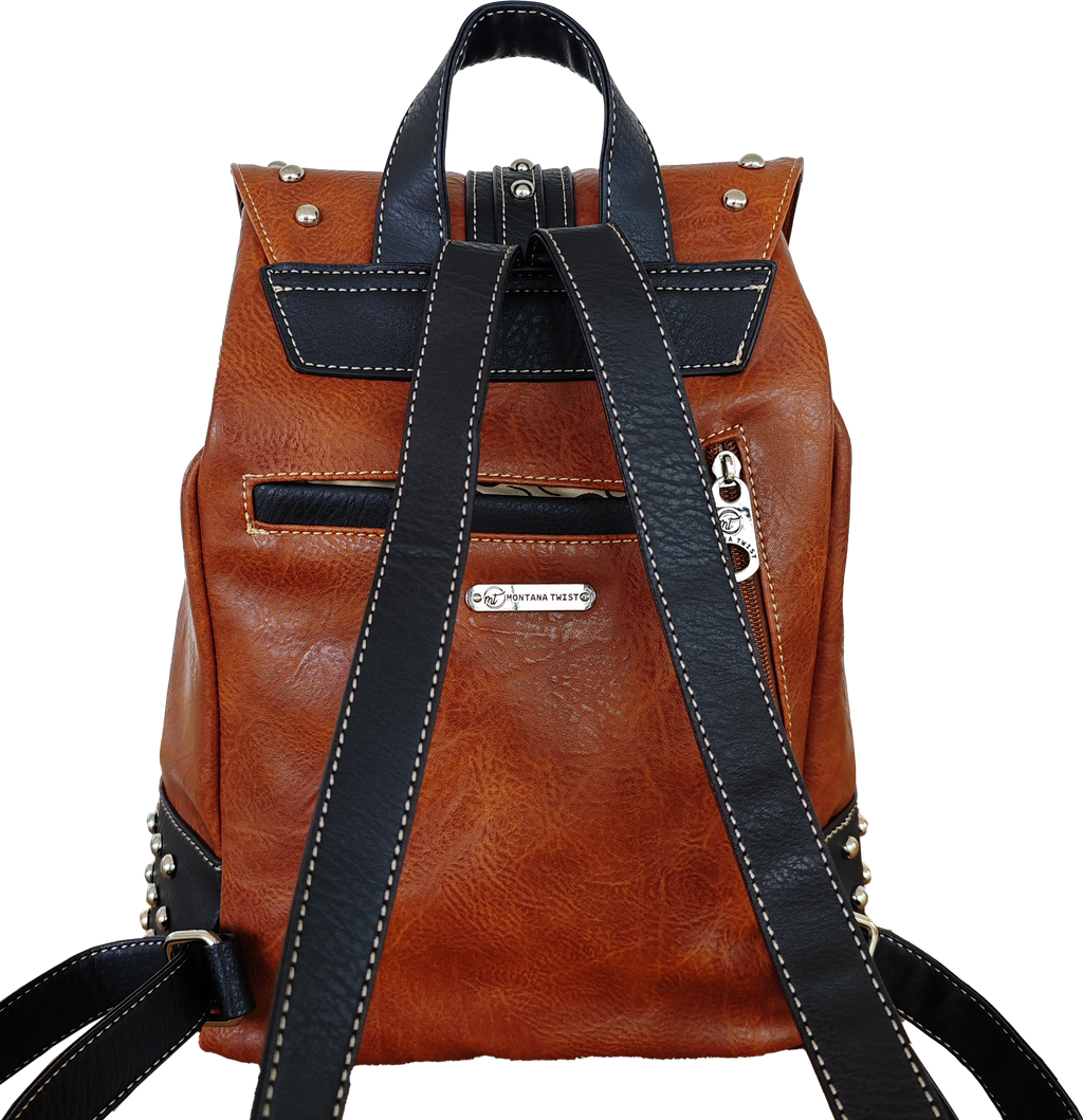 Montana Twist Concealed Carry Vintage Brown PU Leather Studded Backpack