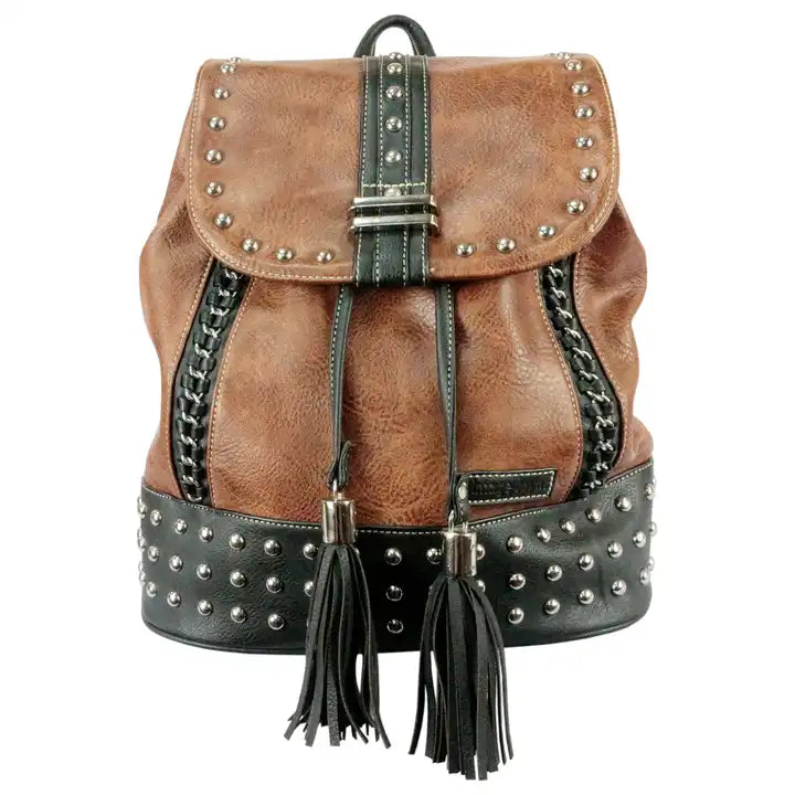 Montana Twist Concealed Carry Vintage Brown PU Leather Studded Backpack